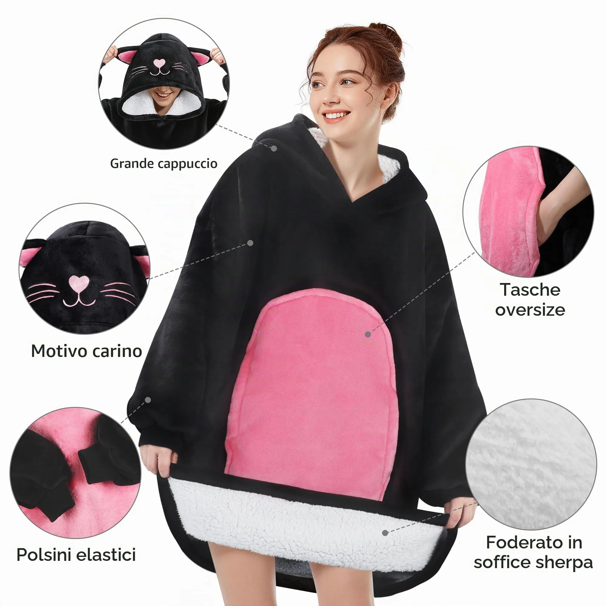 Queenshin Felpa Coperta Indossabile con Cappuccio Gatto Nero, Poncho in Pile Sherpa Unisex - immagine 4