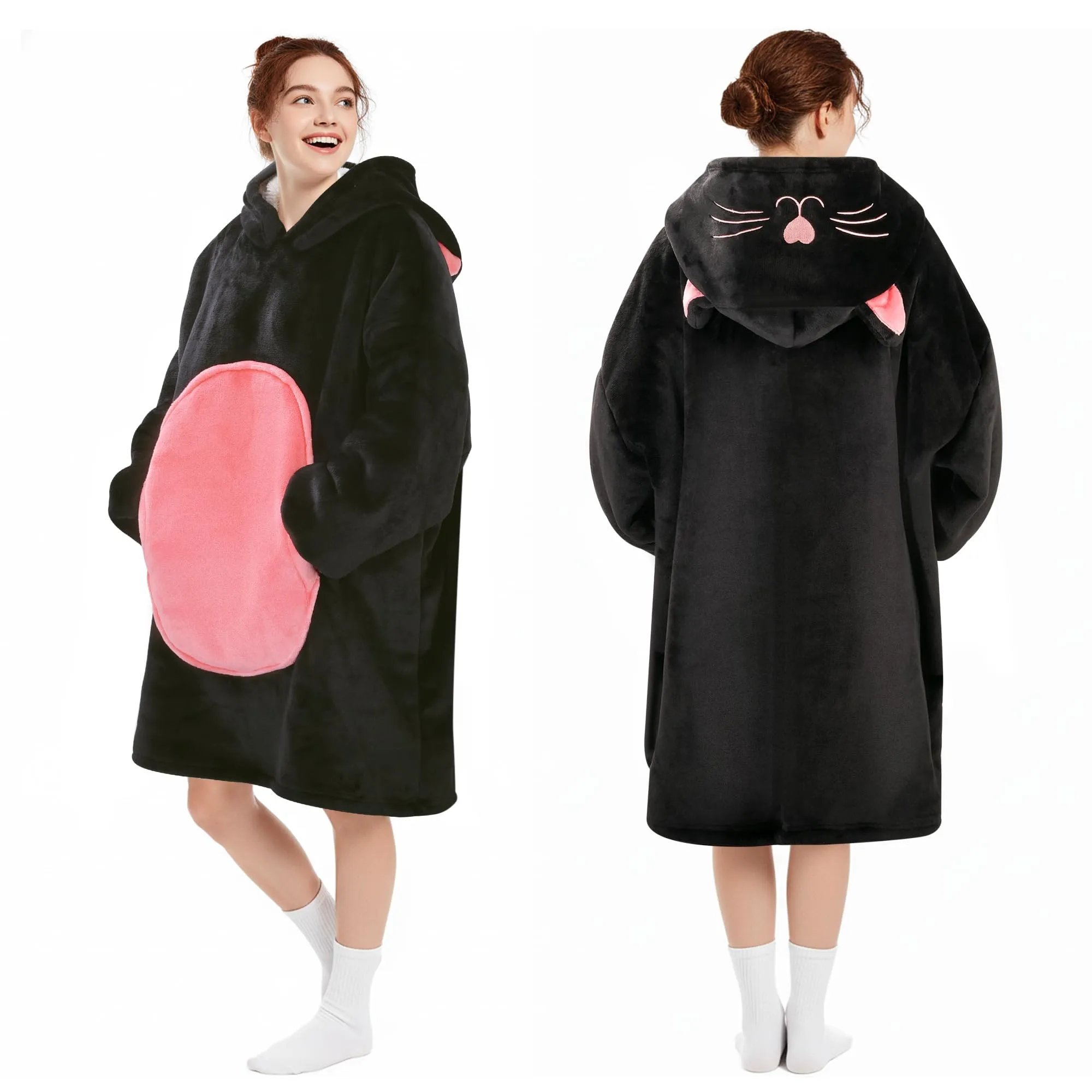 Queenshin Felpa Coperta Indossabile con Cappuccio Gatto Nero, Poncho in Pile Sherpa Unisex - immagine 5