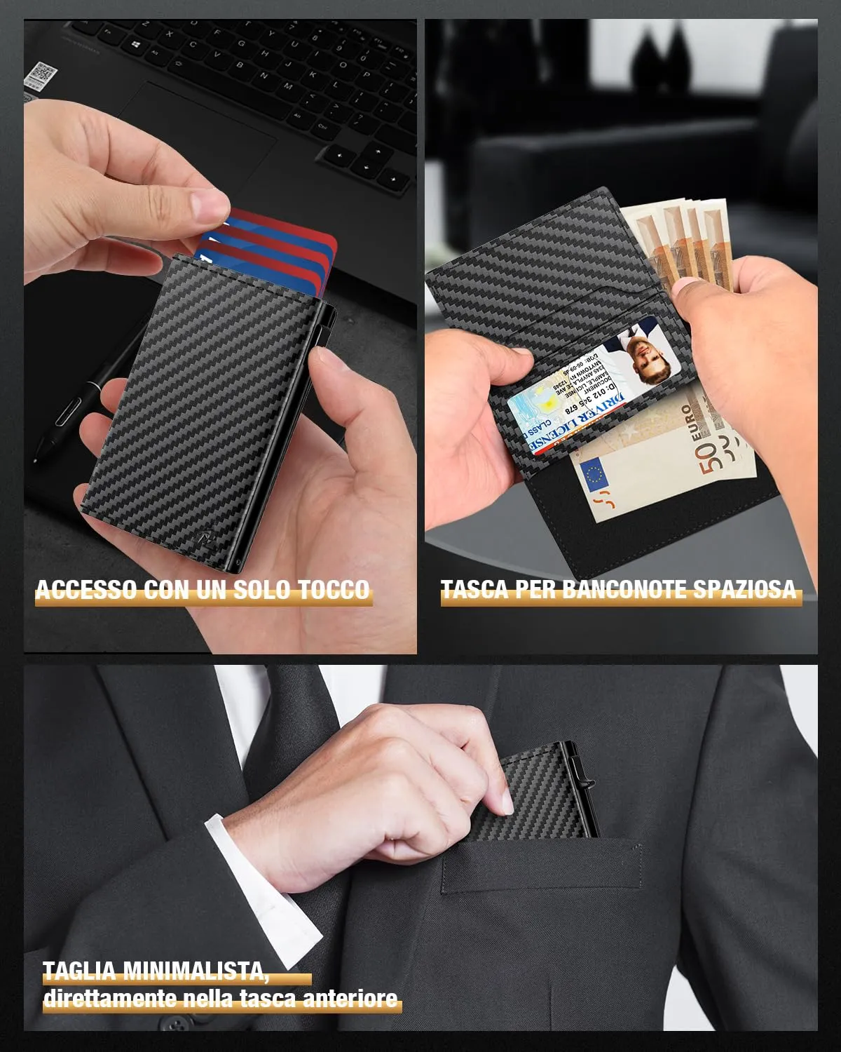 dwnkove Portafoglio Uomo Slim in Pelle con Protezione RFID, Porta Carte Pop-up per 11 Carte, Chiusura Magnetica e Portamonete - Nero Carbone - immagine 2