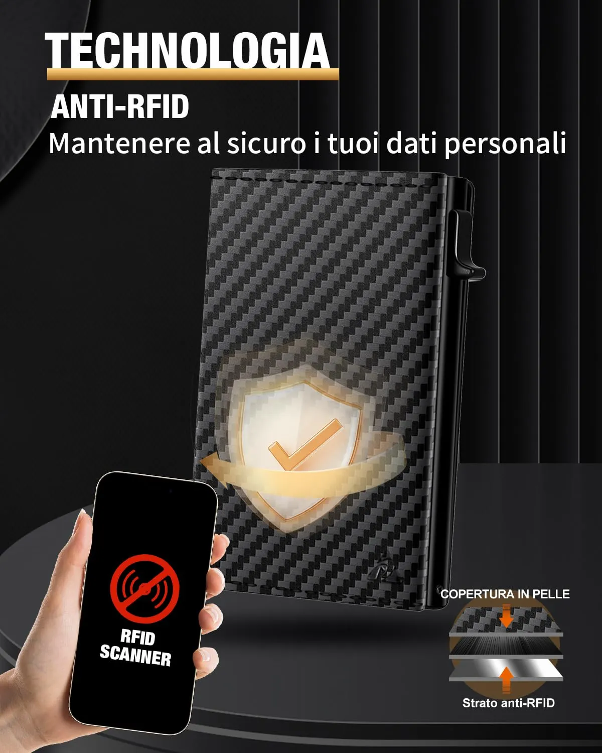 dwnkove Portafoglio Uomo Slim in Pelle con Protezione RFID, Porta Carte Pop-up per 11 Carte, Chiusura Magnetica e Portamonete - Nero Carbone - immagine 6