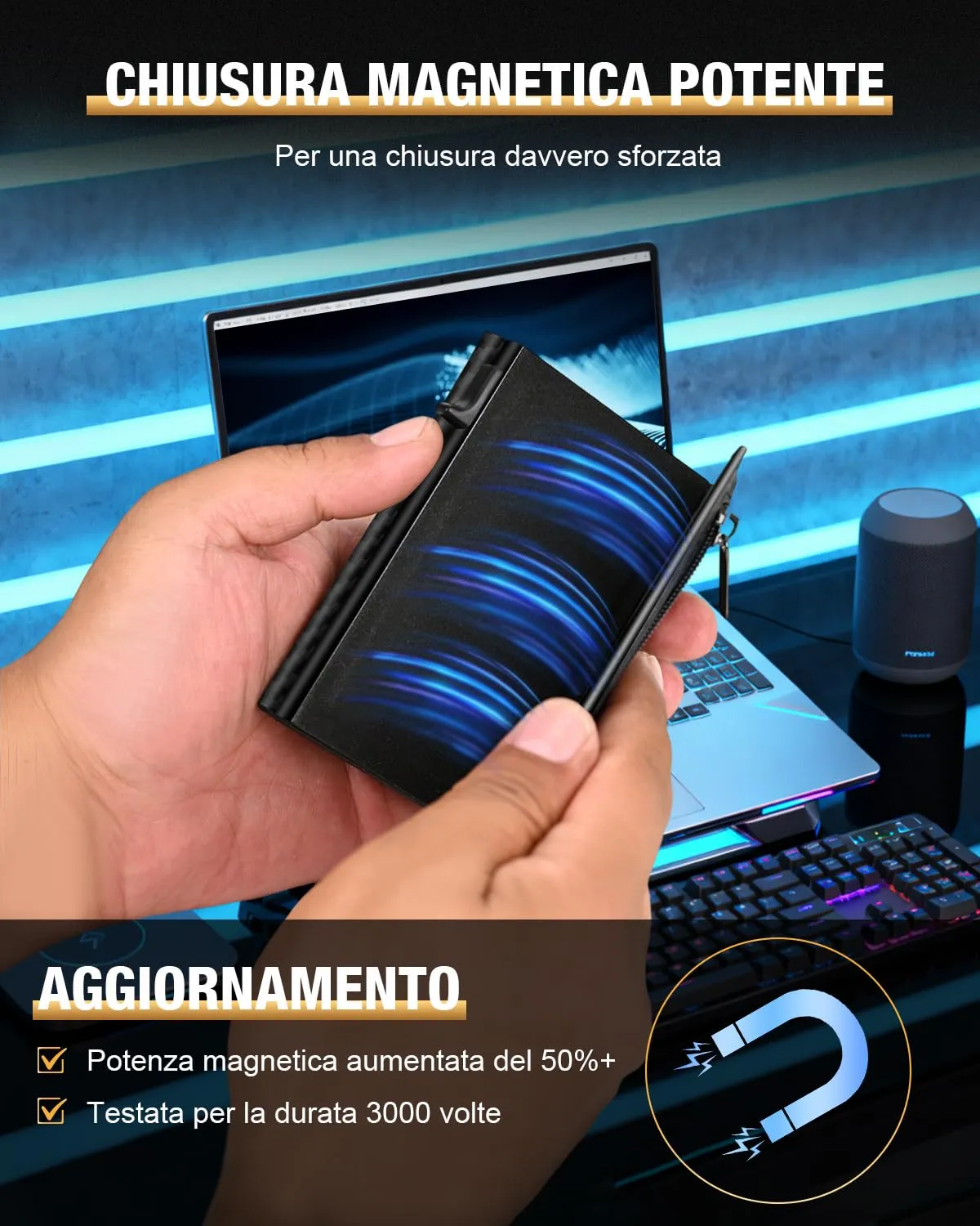 dwnkove Portafoglio Uomo Slim in Pelle con Protezione RFID, Porta Carte Pop-up per 11 Carte, Chiusura Magnetica e Portamonete - Nero Carbone - immagine 7