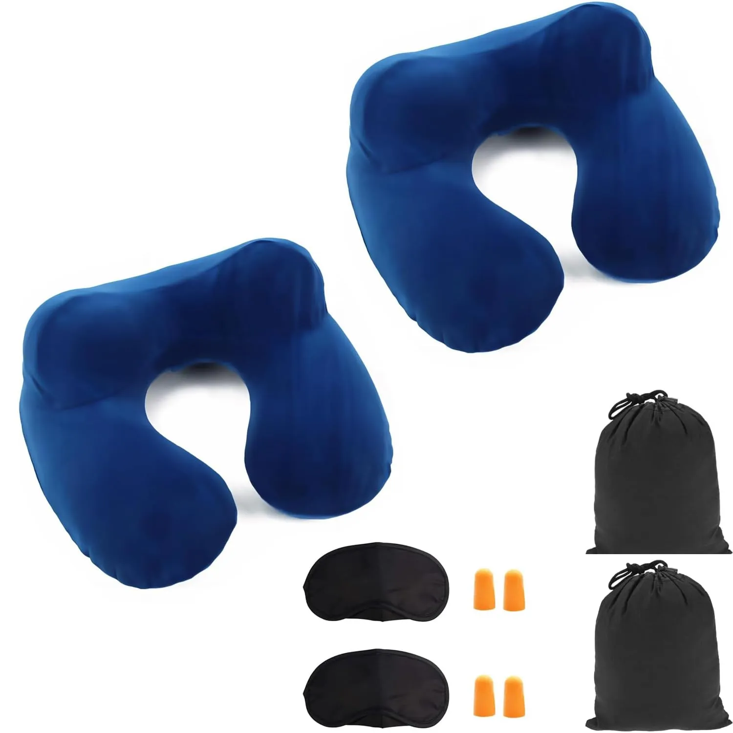 Constefire Cuscino da Viaggio Gonfiabile Ergonomico con Tappi per le Orecchie e Maschera per gli Occhi (2 Pezzi, Blu) - immagine 1