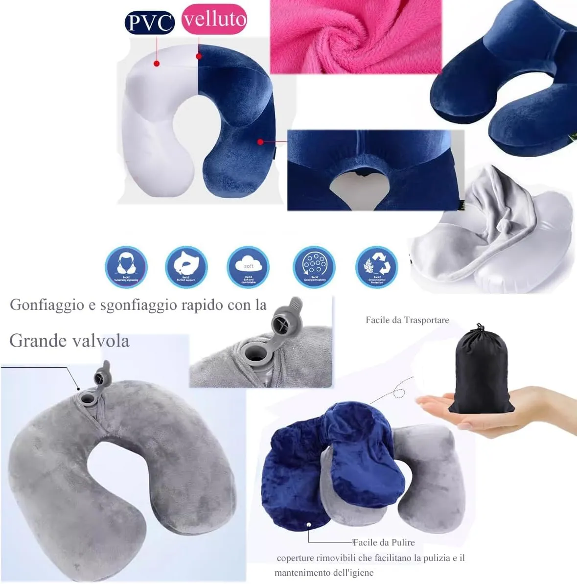 Constefire Cuscino da Viaggio Gonfiabile Ergonomico con Tappi per le Orecchie e Maschera per gli Occhi (2 Pezzi, Blu) - immagine 4