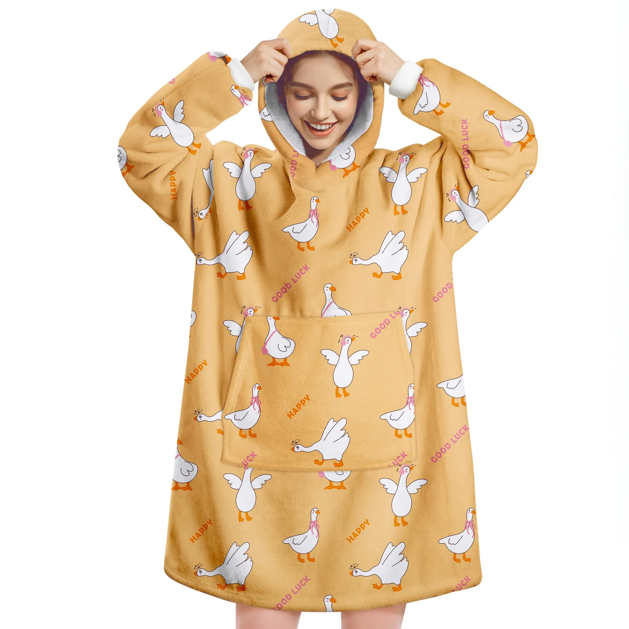 Queenshin Felpa Coperta Indossabile con Cappuccio Oca Gialla, Pile Sherpa Oversize per Donna e Uomo - immagine 1