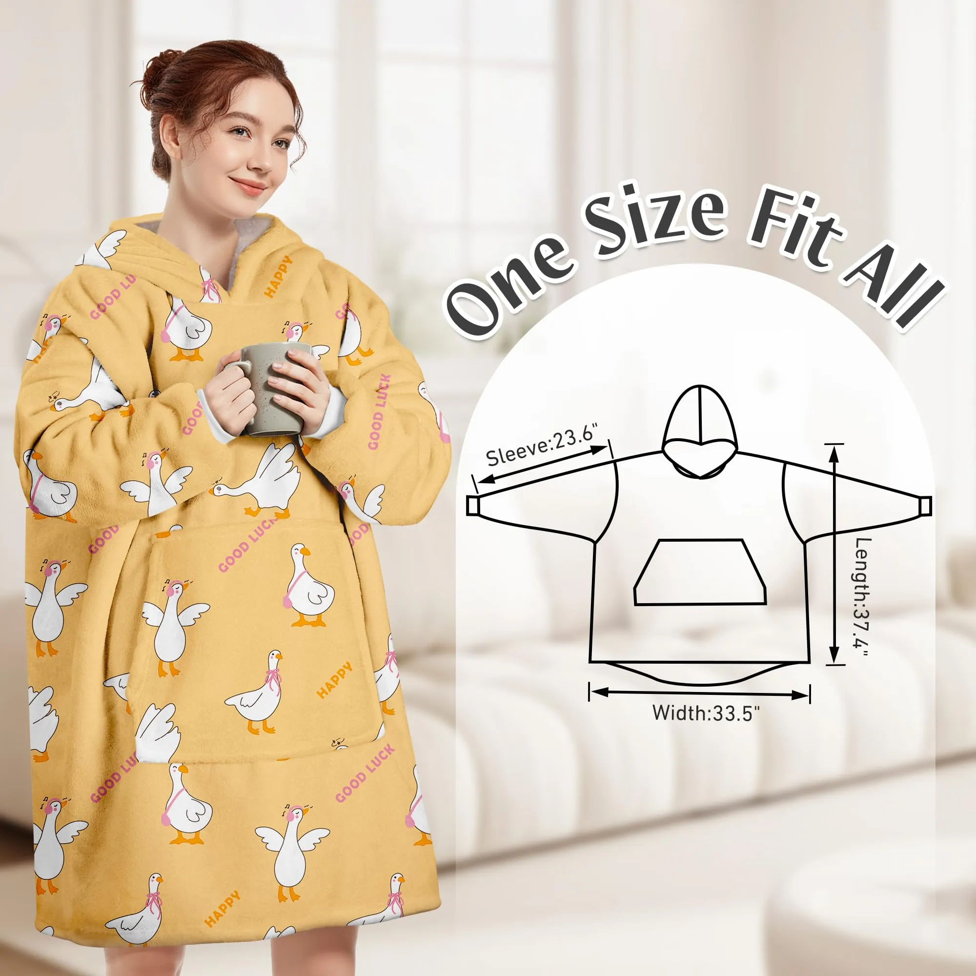 Queenshin Felpa Coperta Indossabile con Cappuccio Oca Gialla, Pile Sherpa Oversize per Donna e Uomo - immagine 3