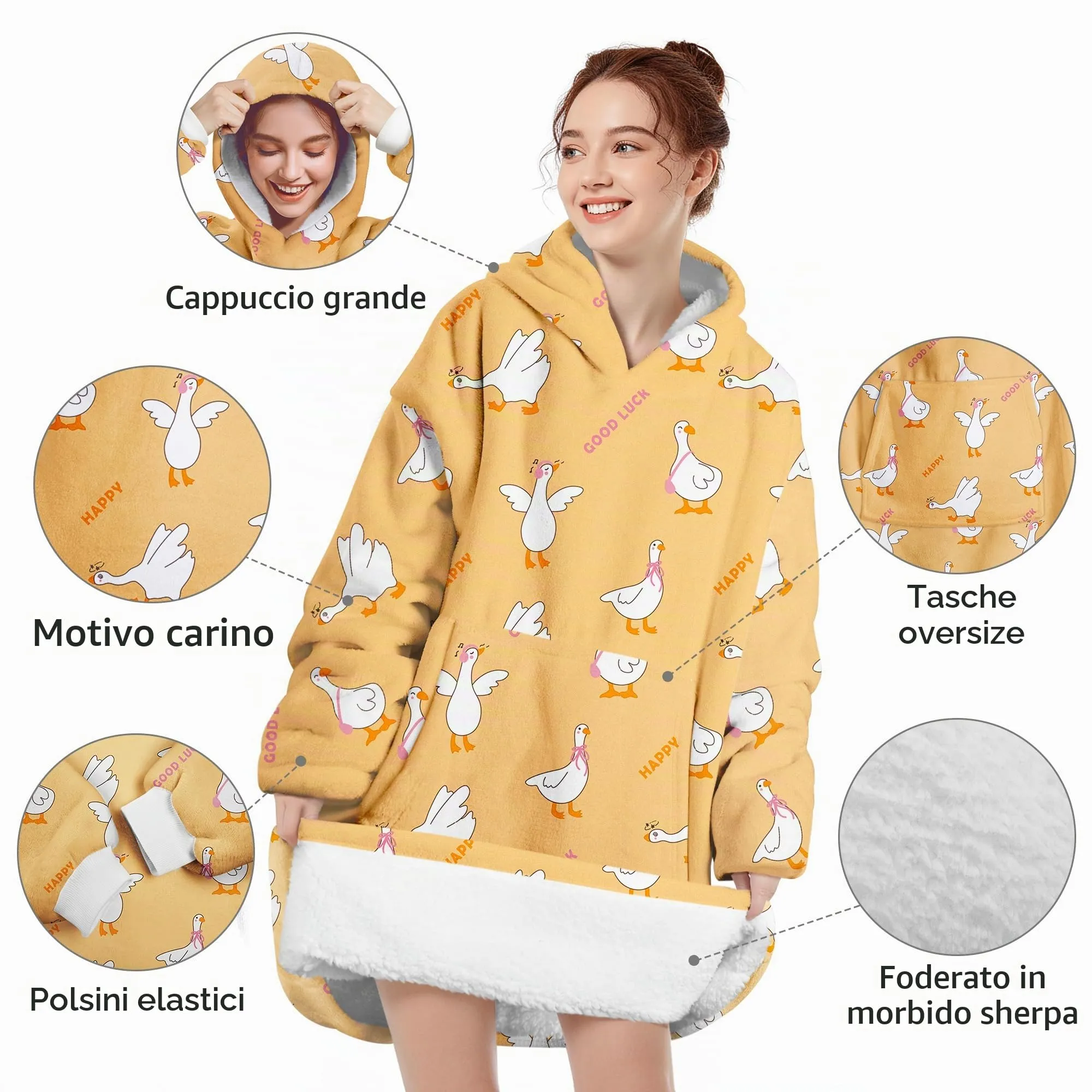 Queenshin Felpa Coperta Indossabile con Cappuccio Oca Gialla, Pile Sherpa Oversize per Donna e Uomo - immagine 4