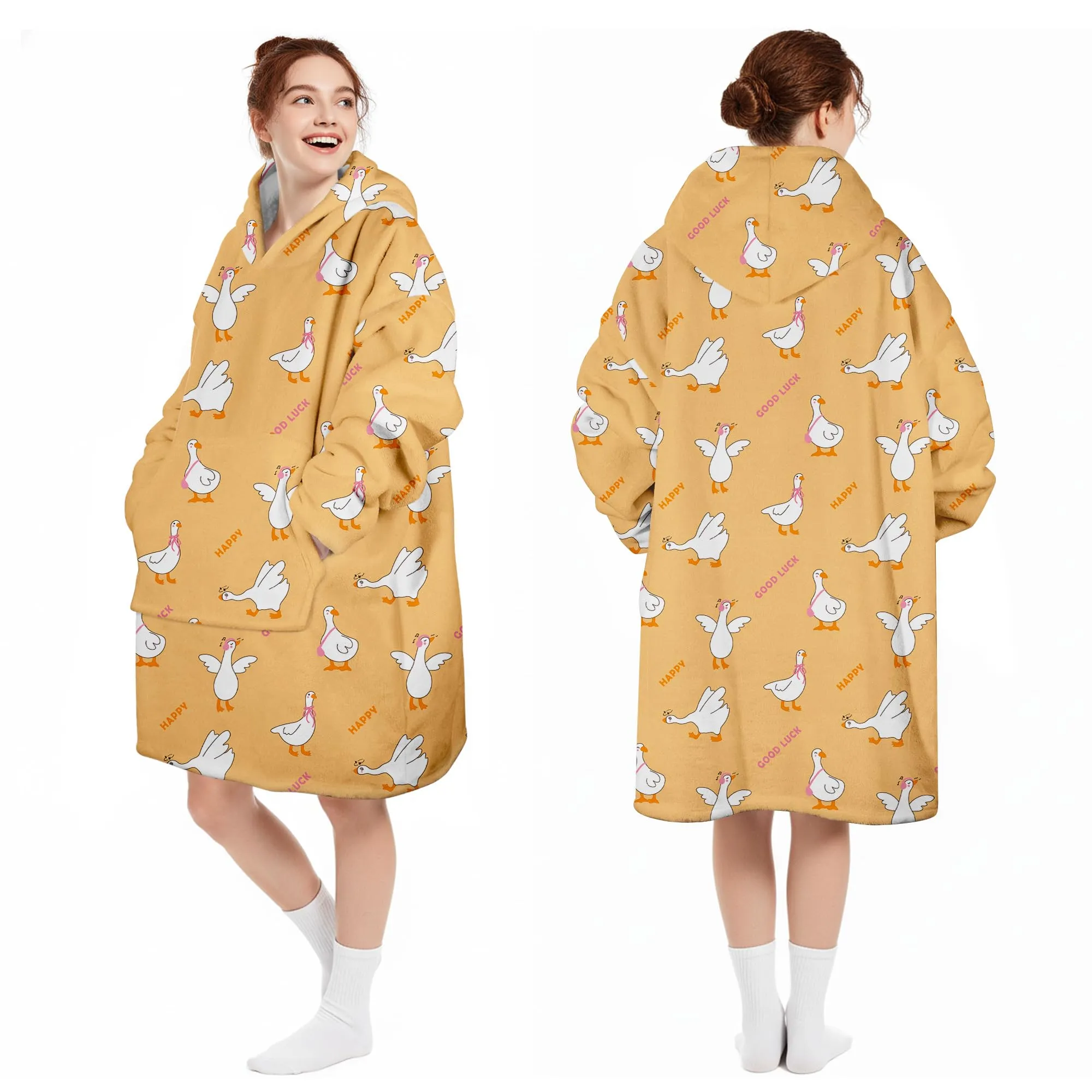 Queenshin Felpa Coperta Indossabile con Cappuccio Oca Gialla, Pile Sherpa Oversize per Donna e Uomo - immagine 5