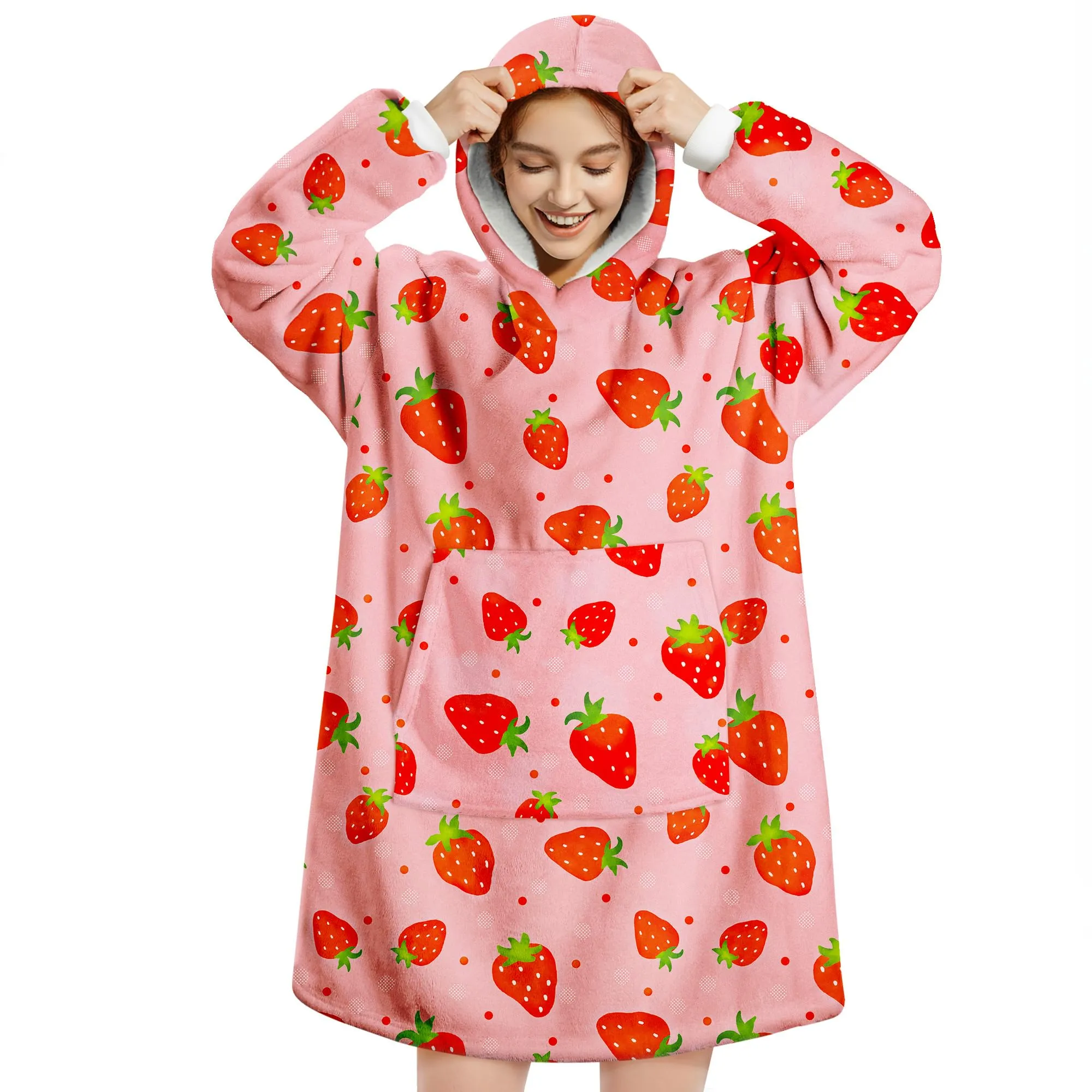 Queenshin Felpa Coperta Indossabile con Cappuccio Unisex, Fragola Rosa, Pile Sherpa Oversize - immagine 1