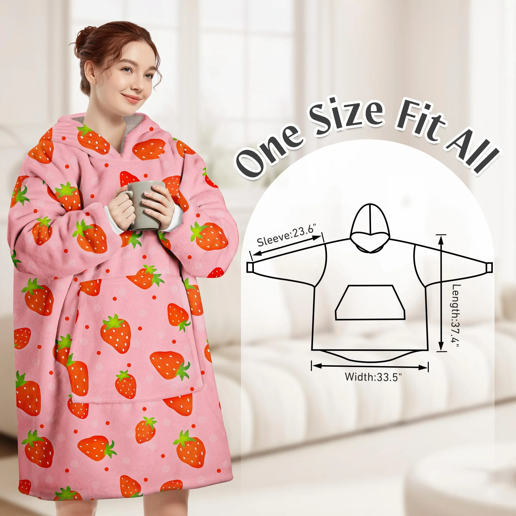 Queenshin Felpa Coperta Indossabile con Cappuccio Unisex, Fragola Rosa, Pile Sherpa Oversize - immagine 3