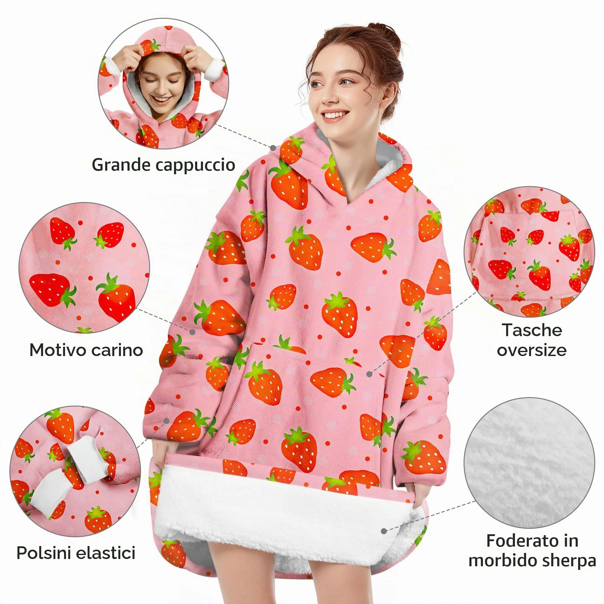 Queenshin Felpa Coperta Indossabile con Cappuccio Unisex, Fragola Rosa, Pile Sherpa Oversize - immagine 4