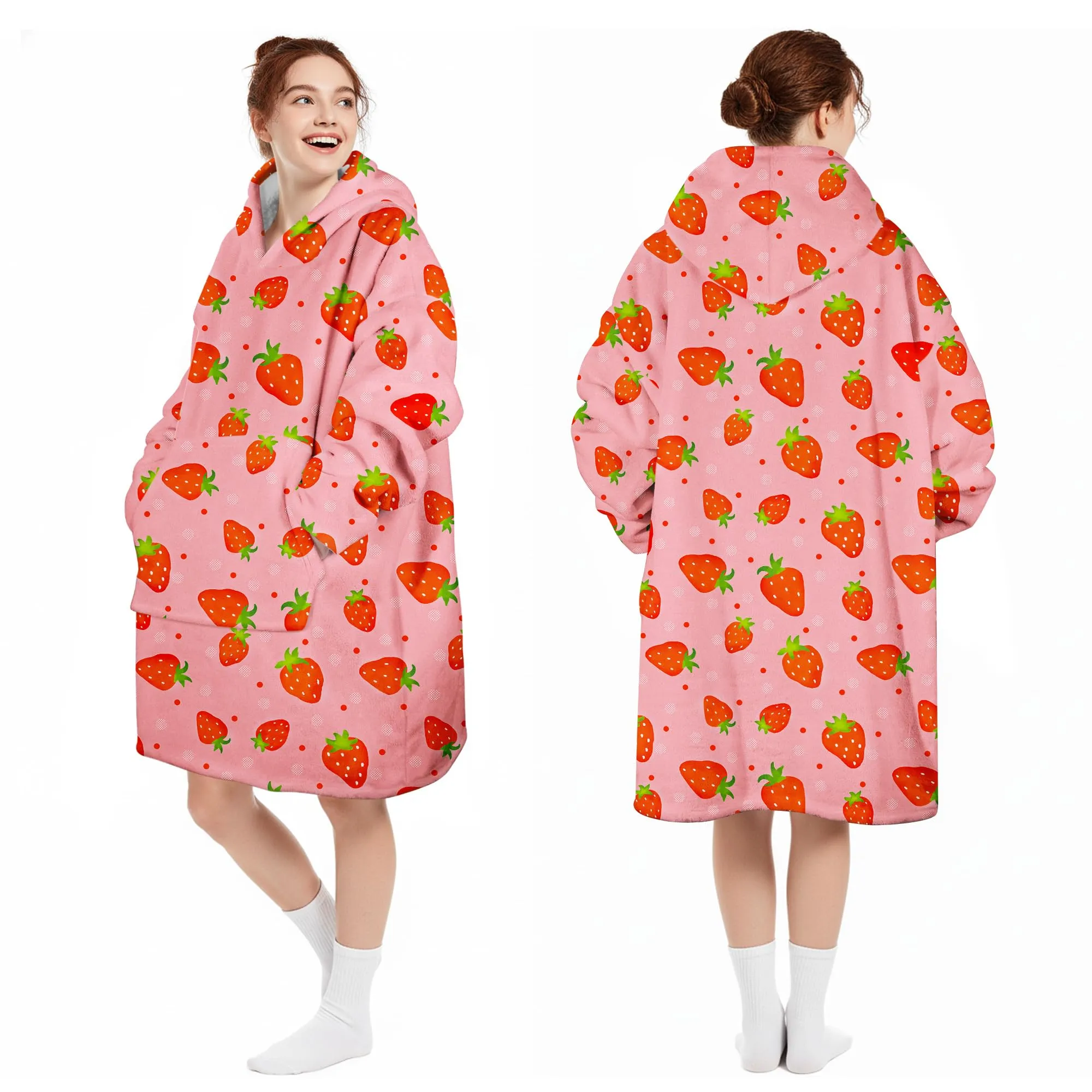 Queenshin Felpa Coperta Indossabile con Cappuccio Unisex, Fragola Rosa, Pile Sherpa Oversize - immagine 5