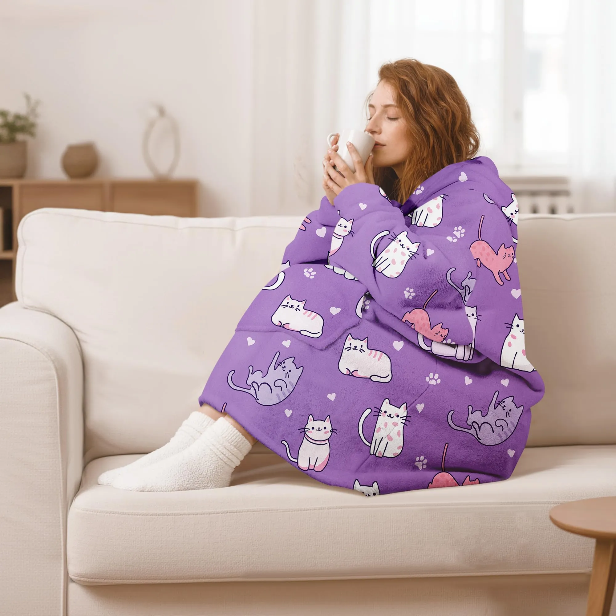 Queenshin Felpa Coperta Indossabile con Cappuccio Gatto Viola, Oversize in Pile Sherpa Unisex - immagine 2