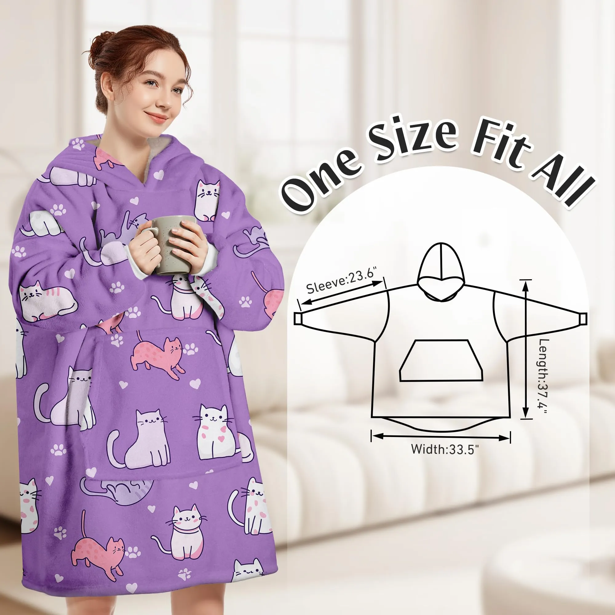 Queenshin Felpa Coperta Indossabile con Cappuccio Gatto Viola, Oversize in Pile Sherpa Unisex - immagine 3
