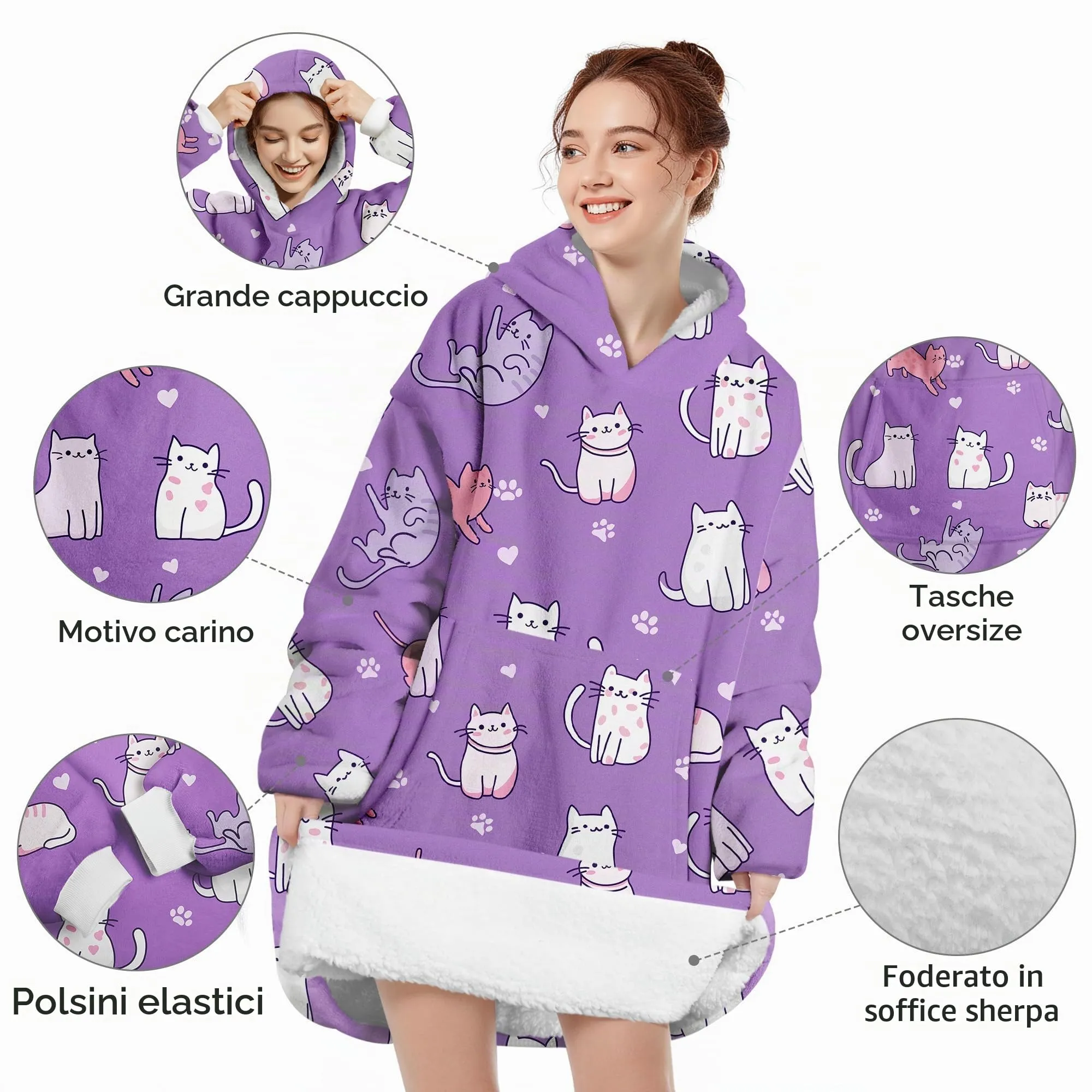 Queenshin Felpa Coperta Indossabile con Cappuccio Gatto Viola, Oversize in Pile Sherpa Unisex - immagine 4