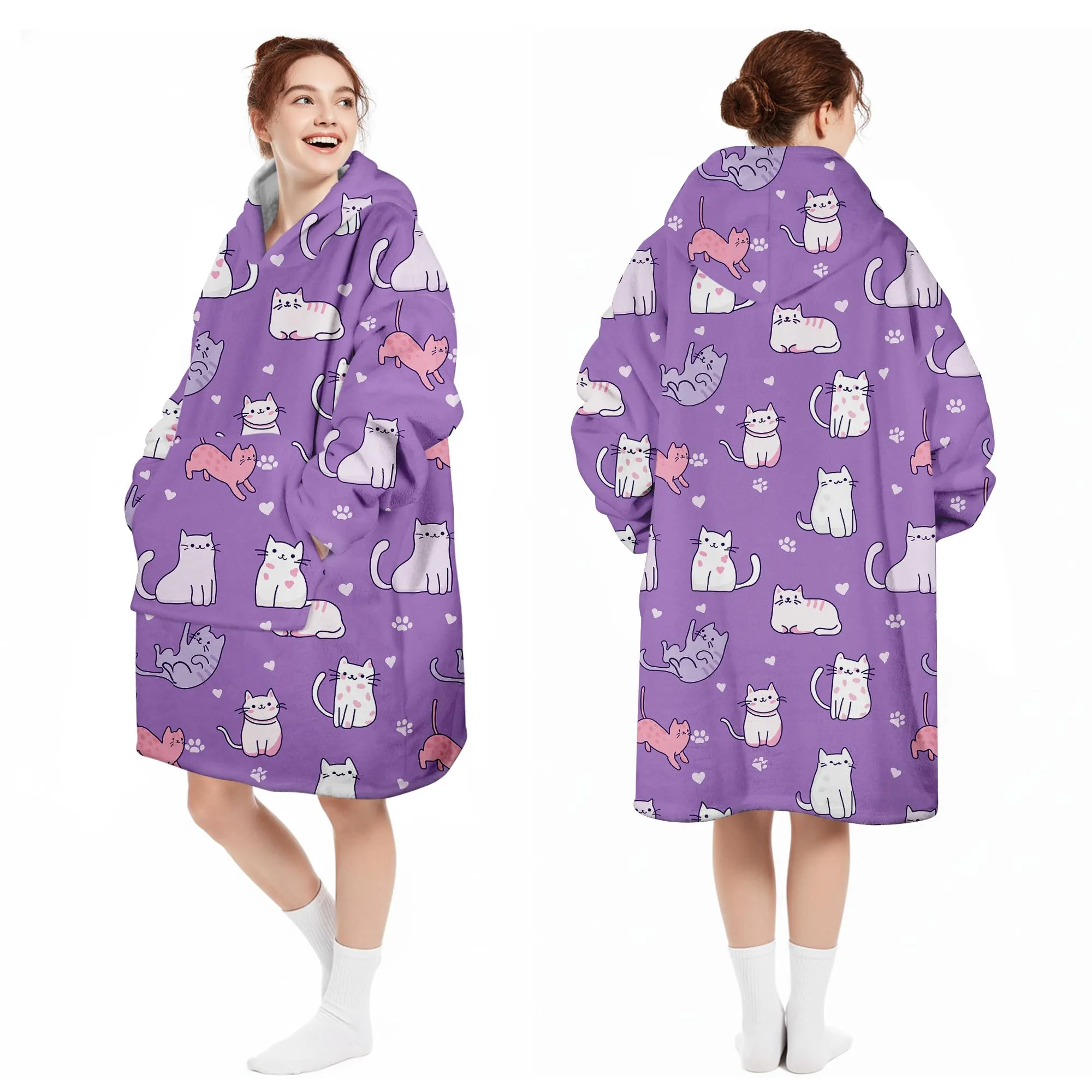 Queenshin Felpa Coperta Indossabile con Cappuccio Gatto Viola, Oversize in Pile Sherpa Unisex - immagine 5