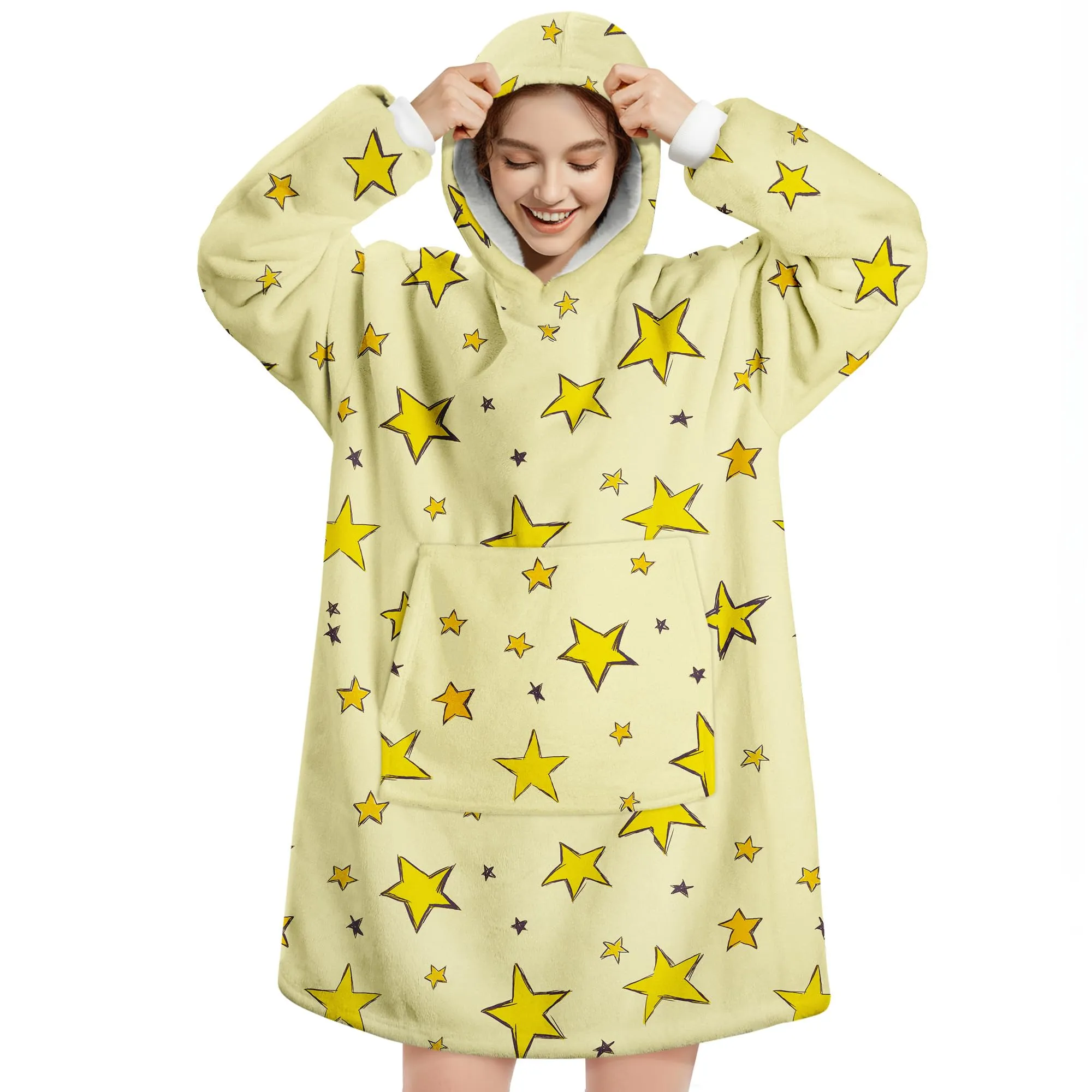 Queenshin Felpa Coperta Indossabile con Cappuccio Unisex, Pile Sherpa con Stelle Gialle, Oversize - immagine 1