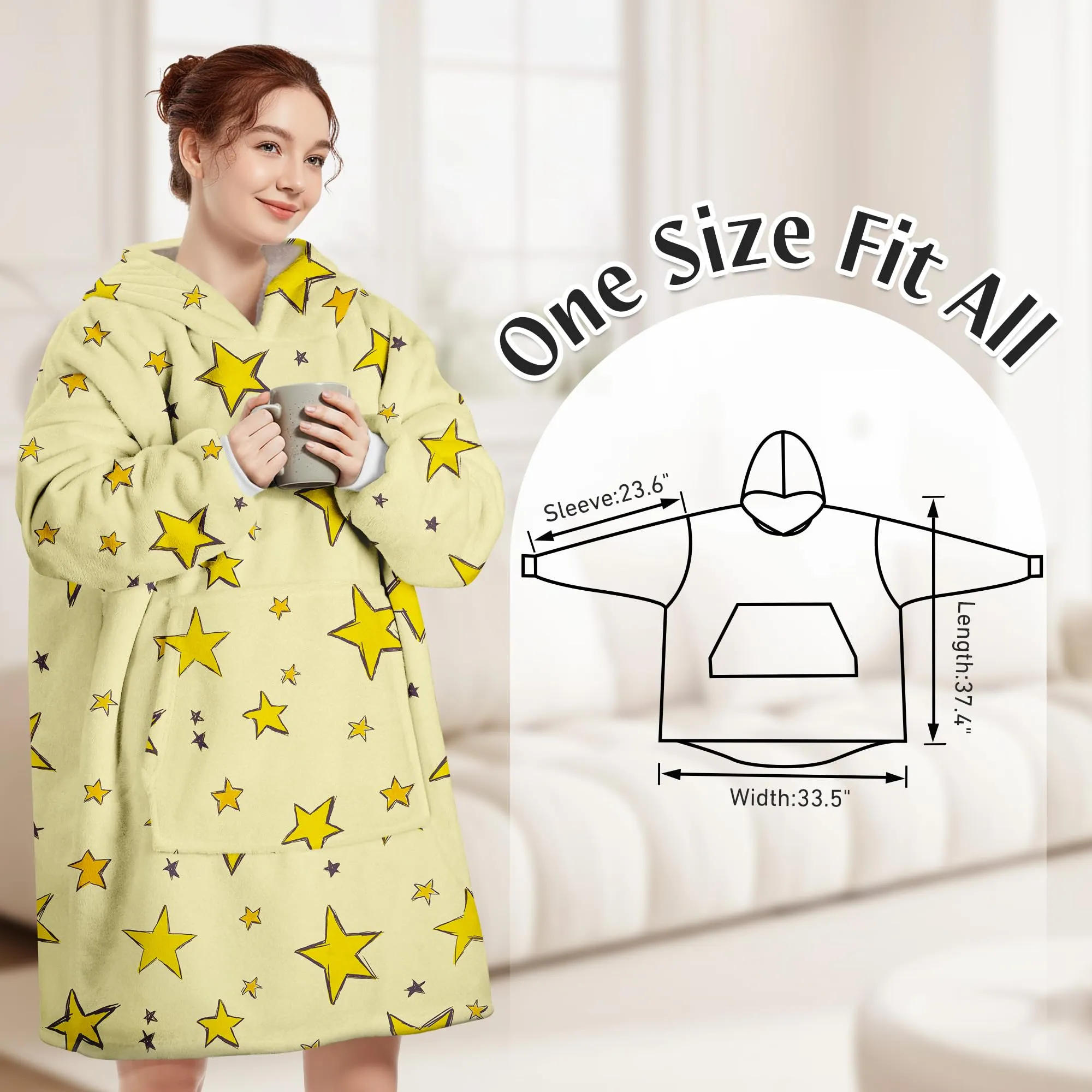Queenshin Felpa Coperta Indossabile con Cappuccio Unisex, Pile Sherpa con Stelle Gialle, Oversize - immagine 3