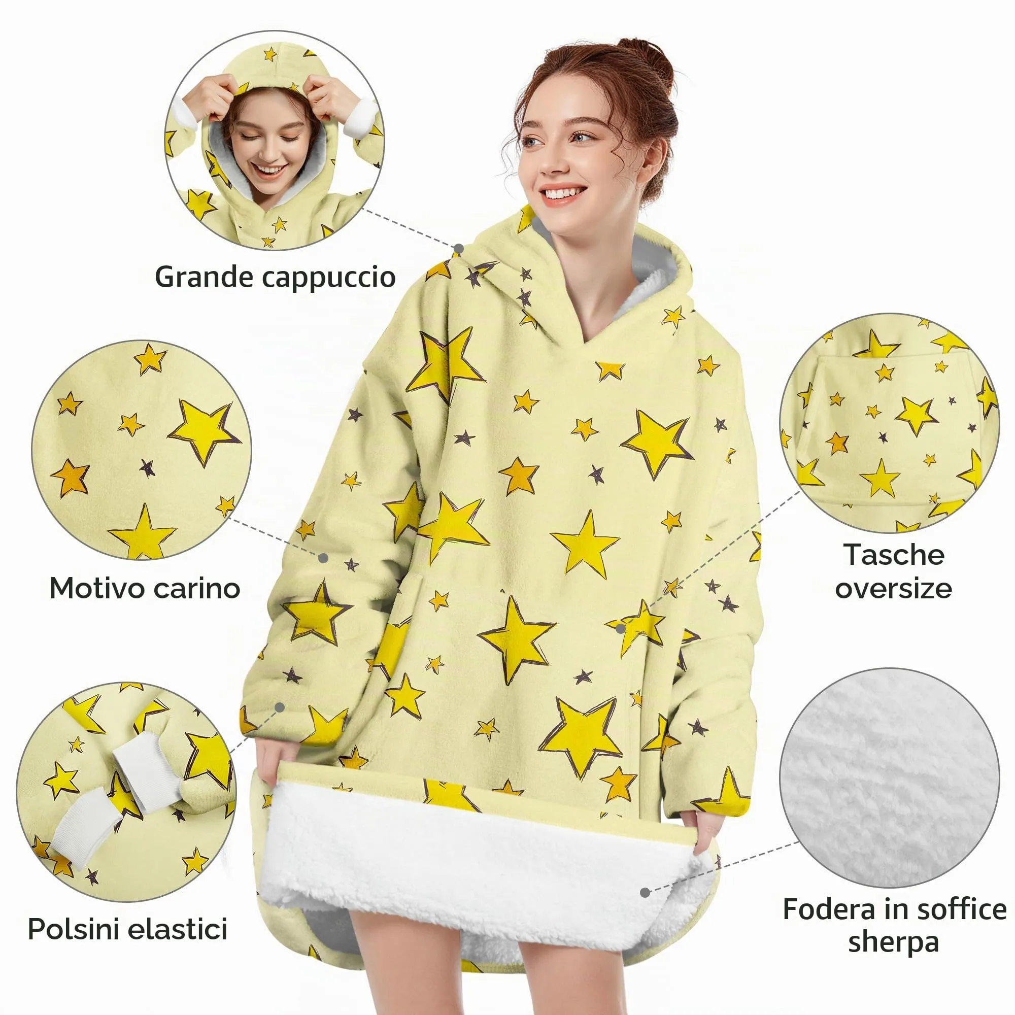 Queenshin Felpa Coperta Indossabile con Cappuccio Unisex, Pile Sherpa con Stelle Gialle, Oversize - immagine 4