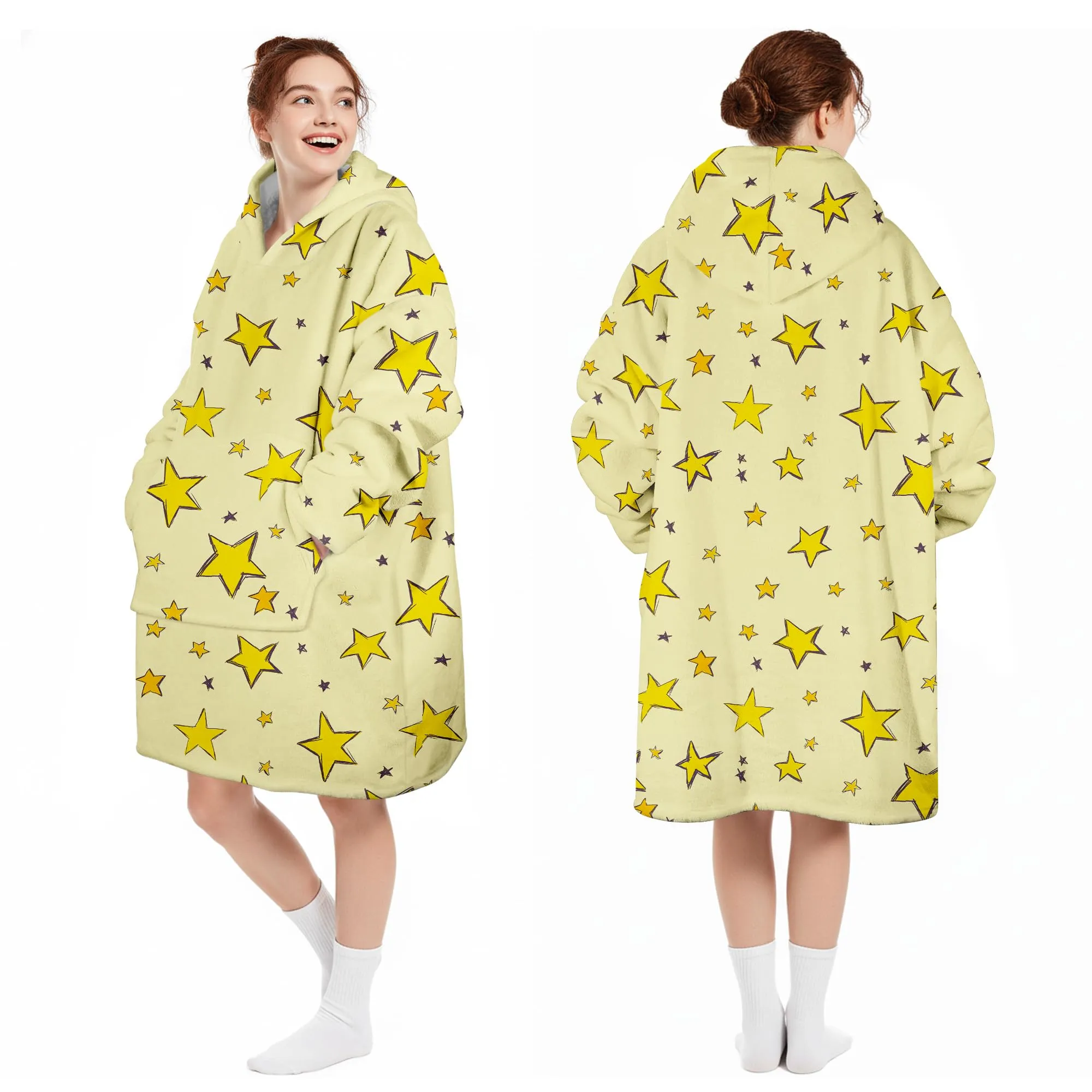 Queenshin Felpa Coperta Indossabile con Cappuccio Unisex, Pile Sherpa con Stelle Gialle, Oversize - immagine 5