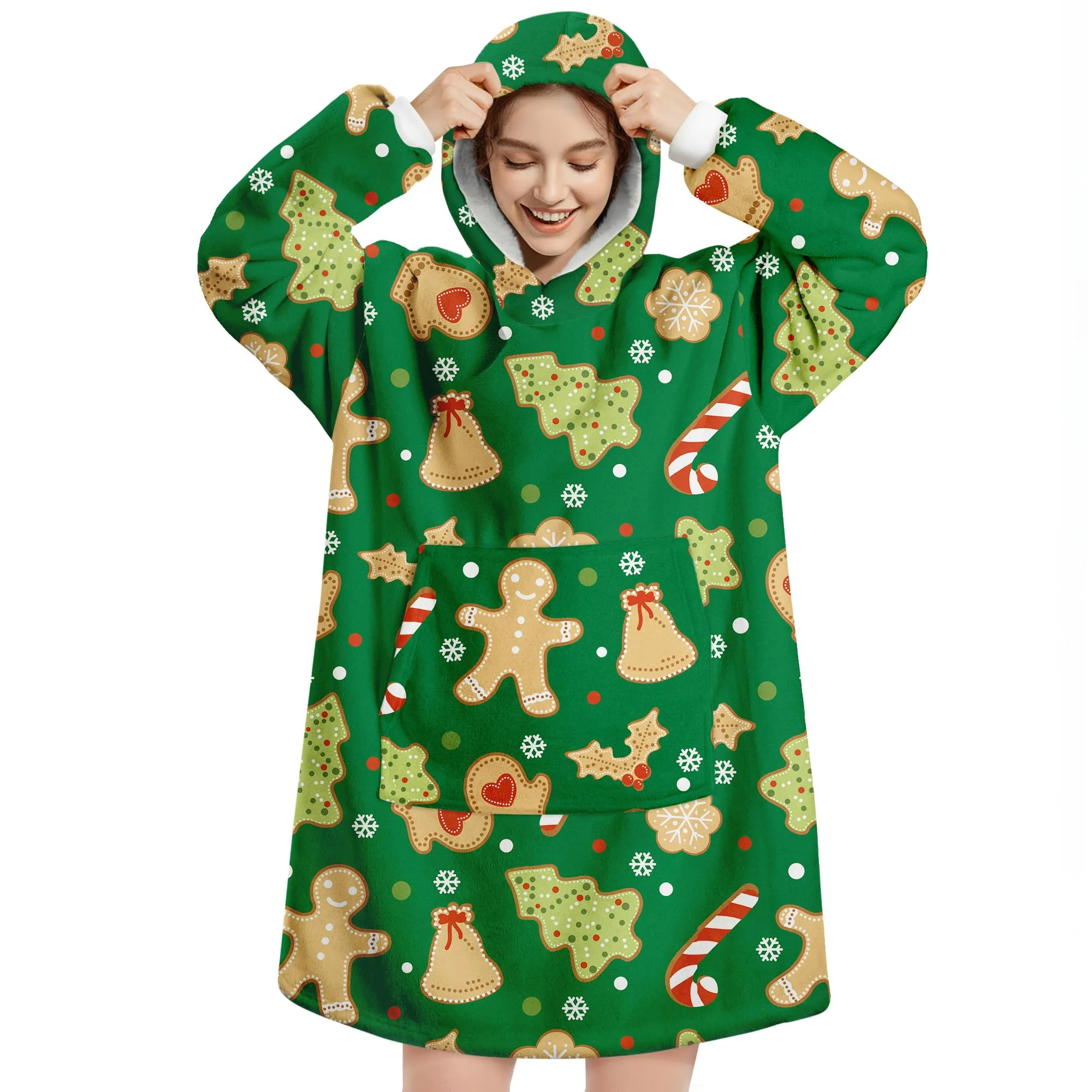 Queenshin Felpa Coperta Indossabile con Cappuccio Omino di Pan di Zenzero Verde, Pile Sherpa Oversize per Donna e Uomo - immagine 1