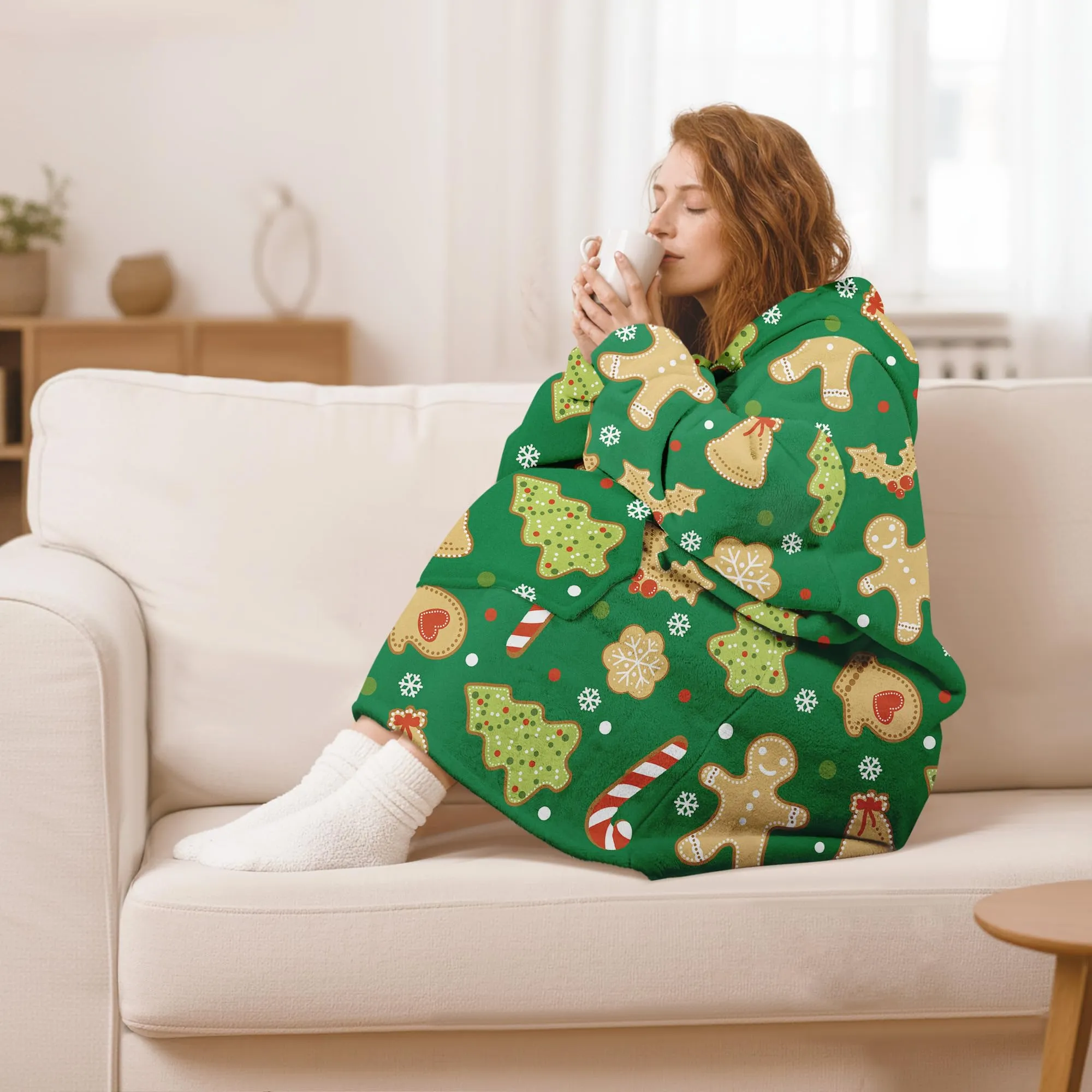 Queenshin Felpa Coperta Indossabile con Cappuccio Omino di Pan di Zenzero Verde, Pile Sherpa Oversize per Donna e Uomo - immagine 2
