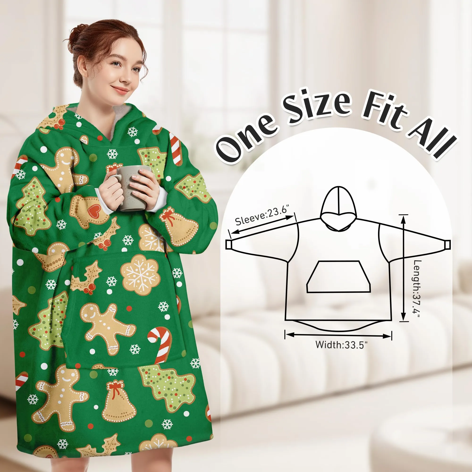 Queenshin Felpa Coperta Indossabile con Cappuccio Omino di Pan di Zenzero Verde, Pile Sherpa Oversize per Donna e Uomo - immagine 3