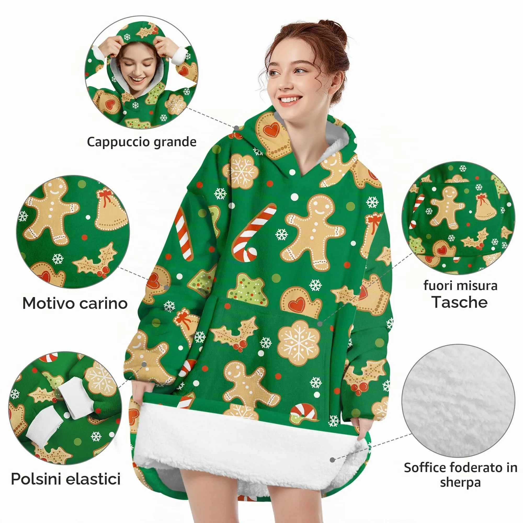 Queenshin Felpa Coperta Indossabile con Cappuccio Omino di Pan di Zenzero Verde, Pile Sherpa Oversize per Donna e Uomo - immagine 4