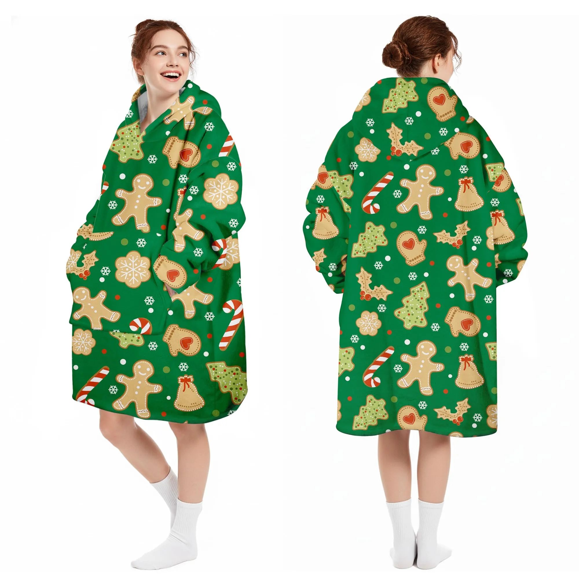 Queenshin Felpa Coperta Indossabile con Cappuccio Omino di Pan di Zenzero Verde, Pile Sherpa Oversize per Donna e Uomo - immagine 5