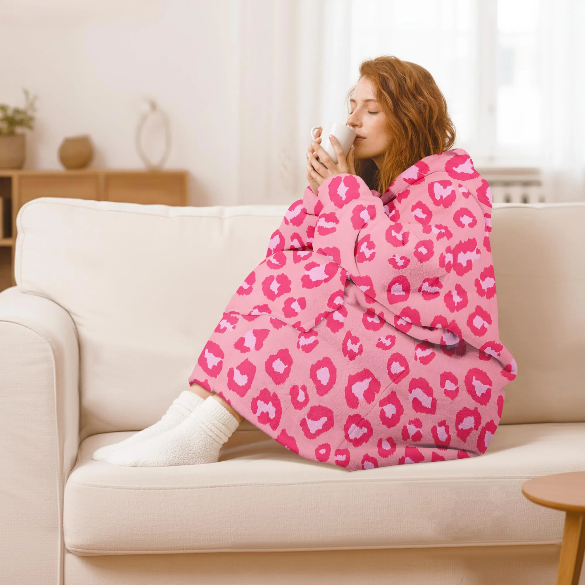 Queenshin Felpa Coperta Indossabile con Cappuccio in Pile Sherpa, Leopardo Rosa - immagine 2