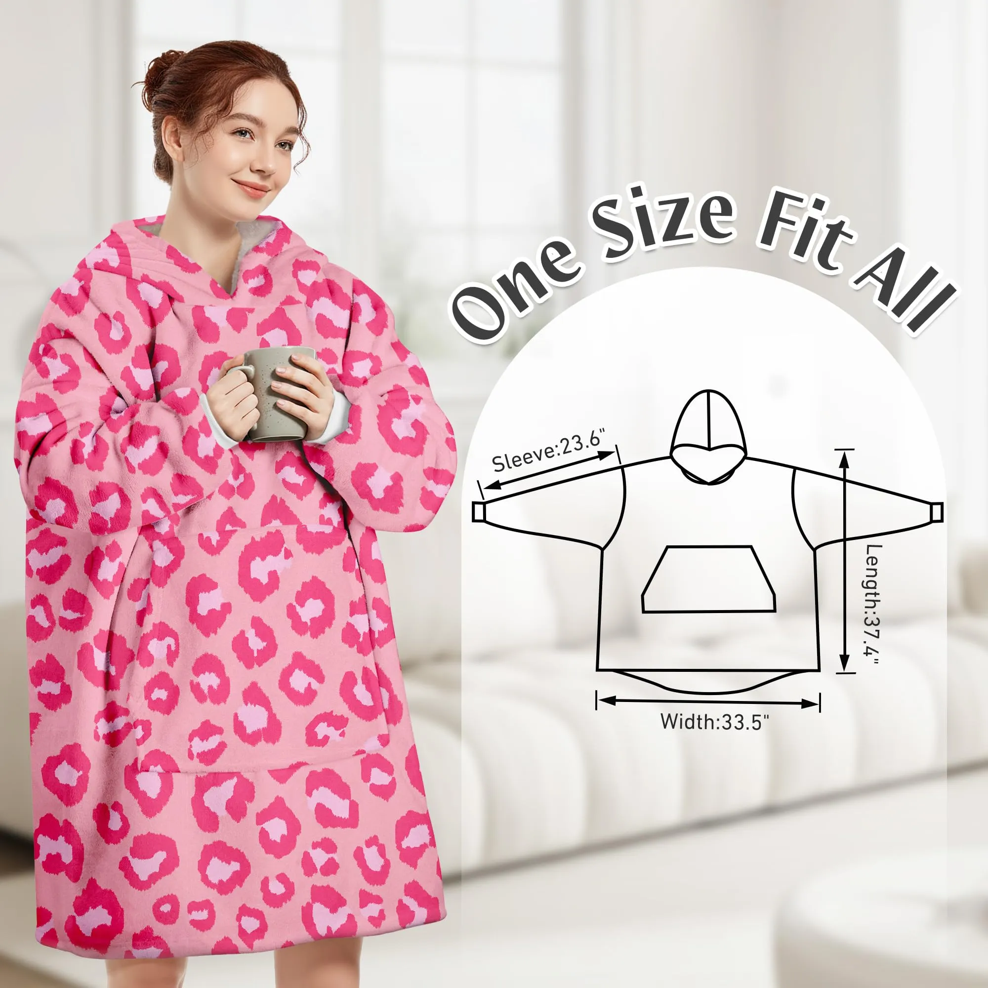 Queenshin Felpa Coperta Indossabile con Cappuccio in Pile Sherpa, Leopardo Rosa - immagine 3