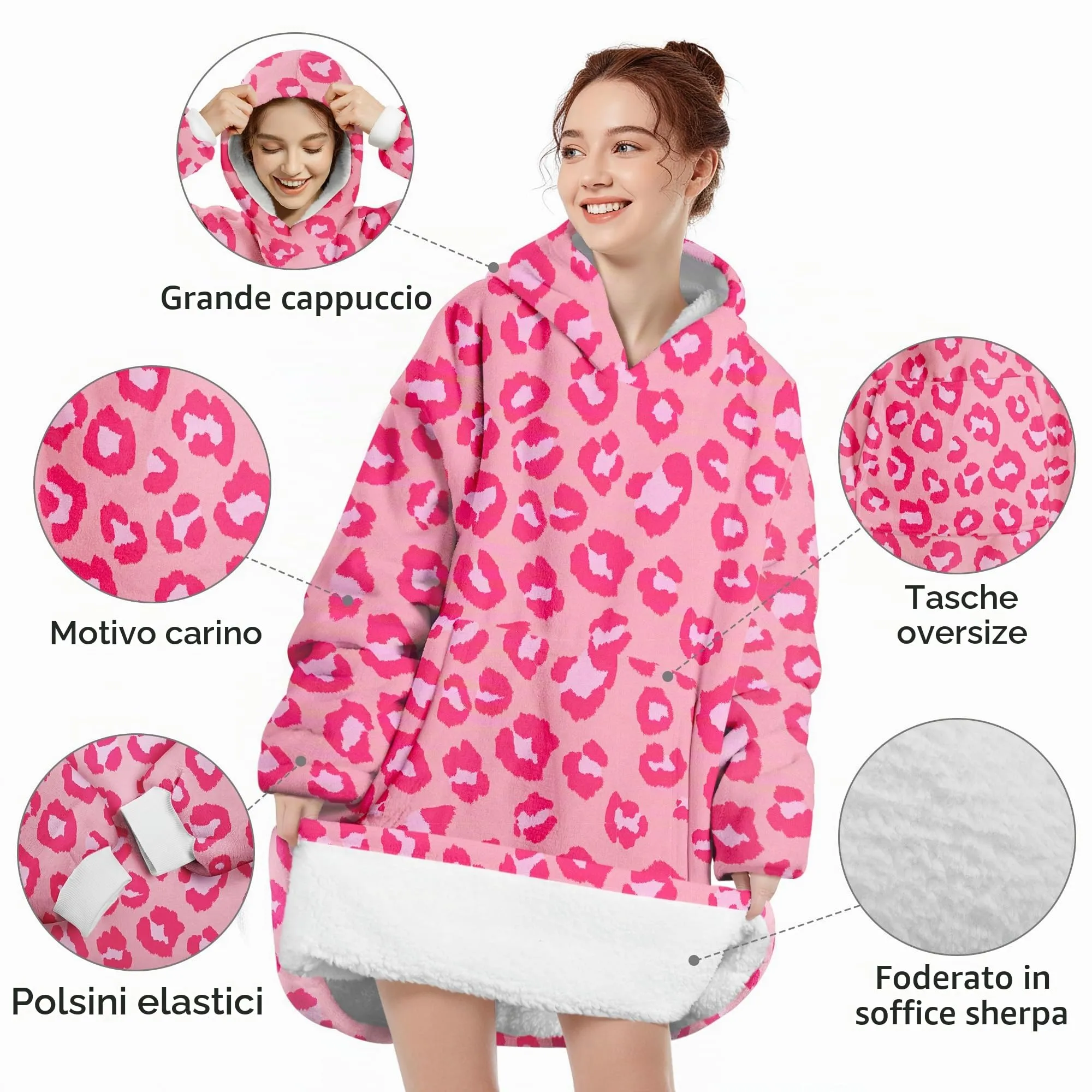Queenshin Felpa Coperta Indossabile con Cappuccio in Pile Sherpa, Leopardo Rosa - immagine 4