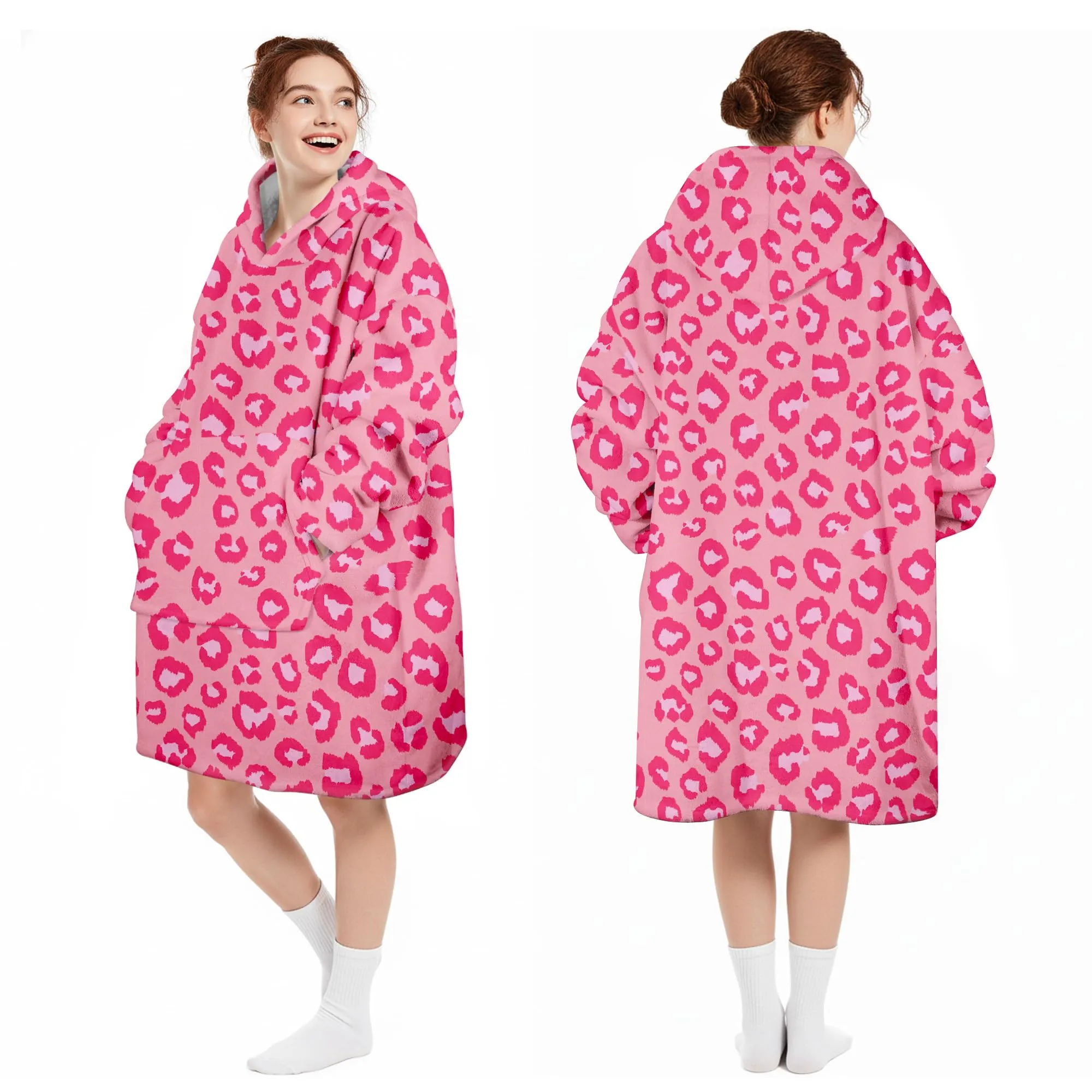 Queenshin Felpa Coperta Indossabile con Cappuccio in Pile Sherpa, Leopardo Rosa - immagine 5
