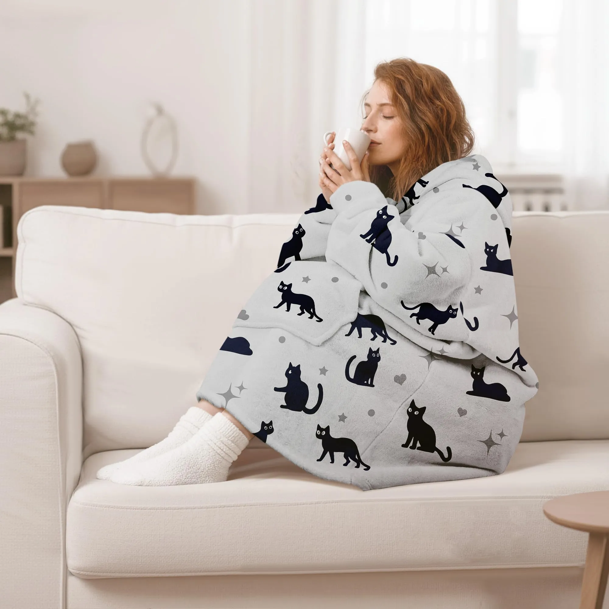 Queenshin Felpa Coperta Indossabile con Cappuccio, Pile Sherpa Oversize, Gatto Grigio - immagine 2
