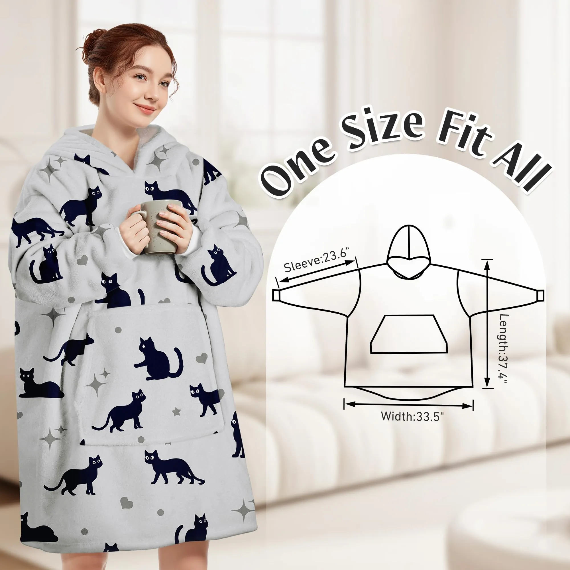 Queenshin Felpa Coperta Indossabile con Cappuccio, Pile Sherpa Oversize, Gatto Grigio - immagine 3