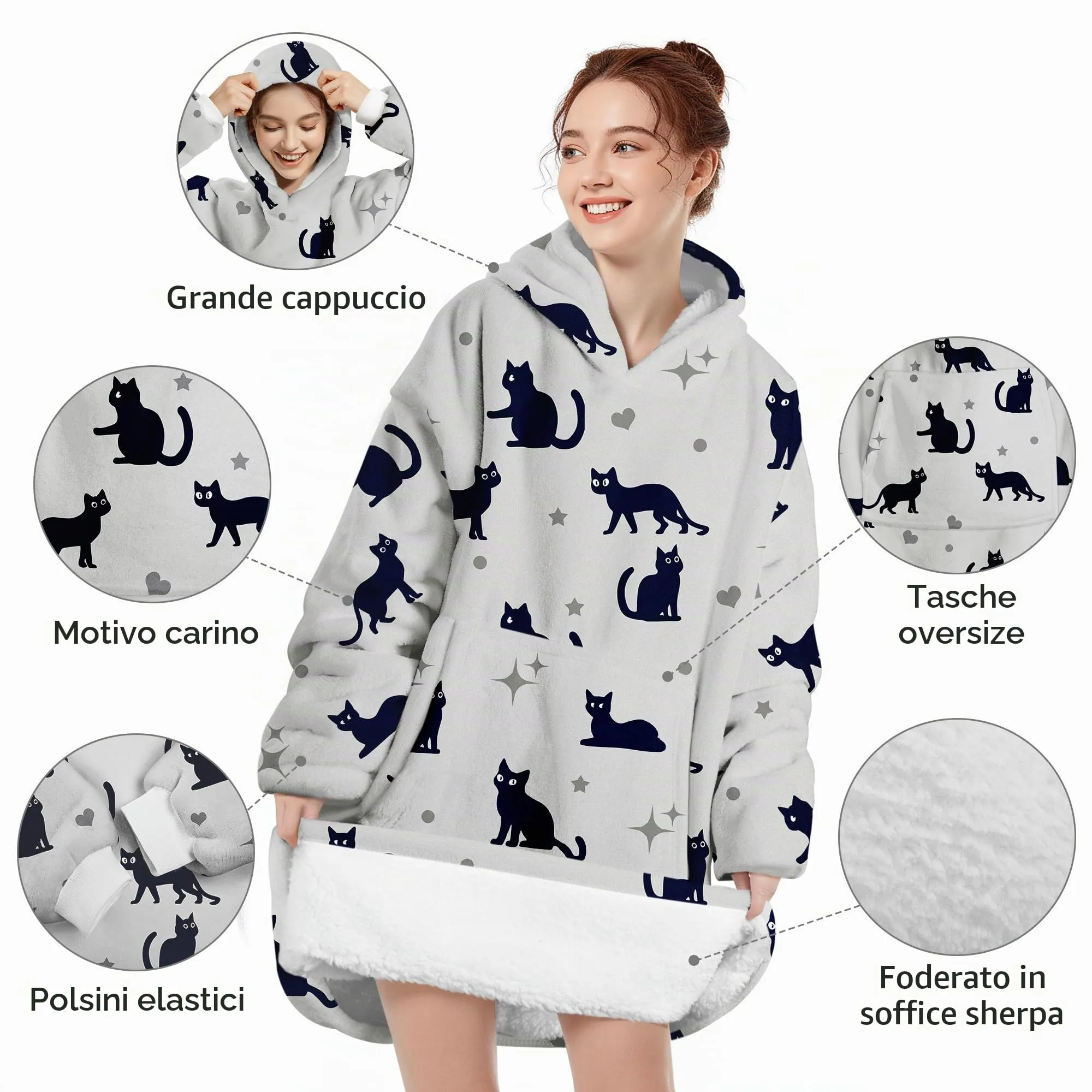 Queenshin Felpa Coperta Indossabile con Cappuccio, Pile Sherpa Oversize, Gatto Grigio - immagine 4