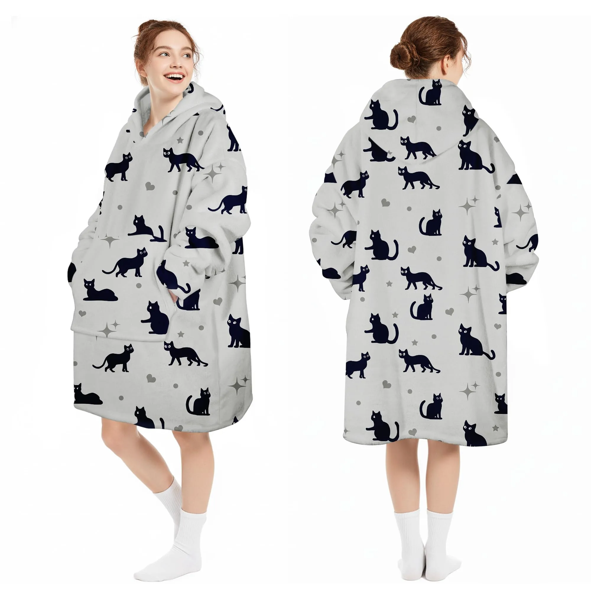 Queenshin Felpa Coperta Indossabile con Cappuccio, Pile Sherpa Oversize, Gatto Grigio - immagine 5