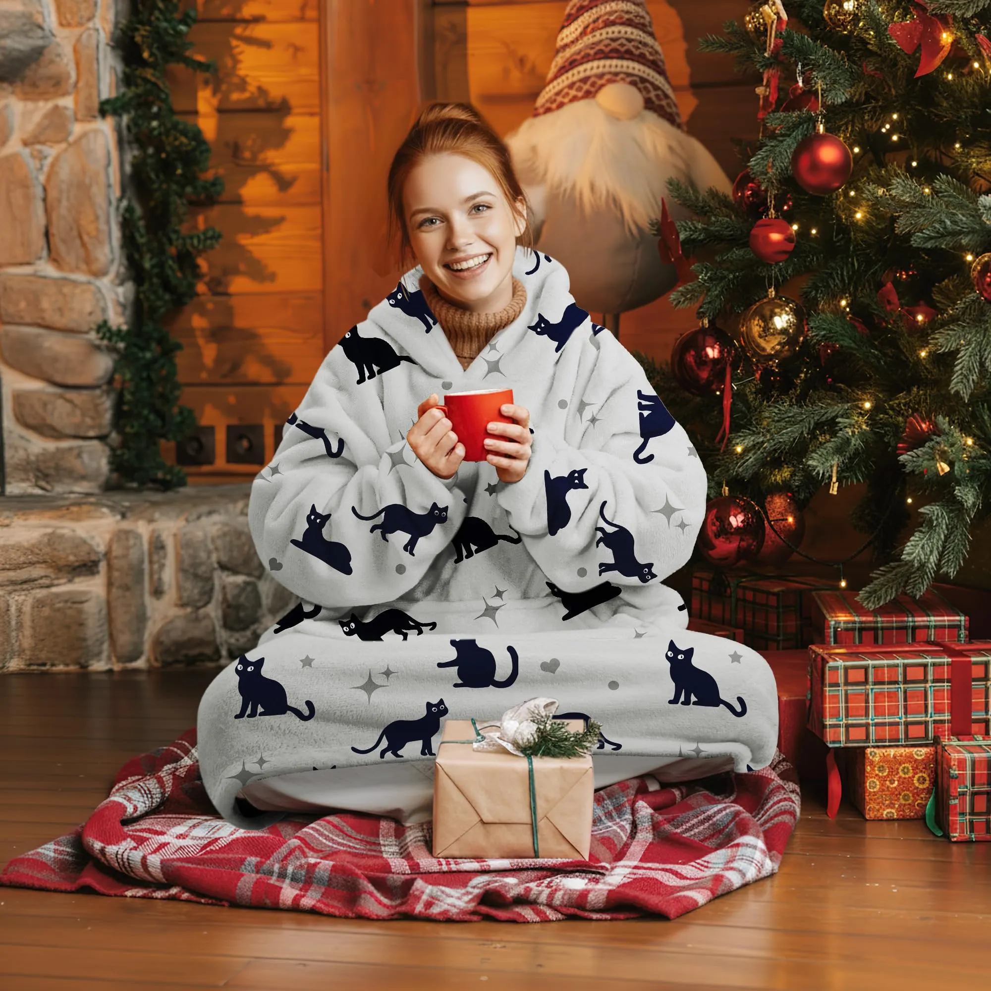 Queenshin Felpa Coperta Indossabile con Cappuccio, Pile Sherpa Oversize, Gatto Grigio - immagine 7