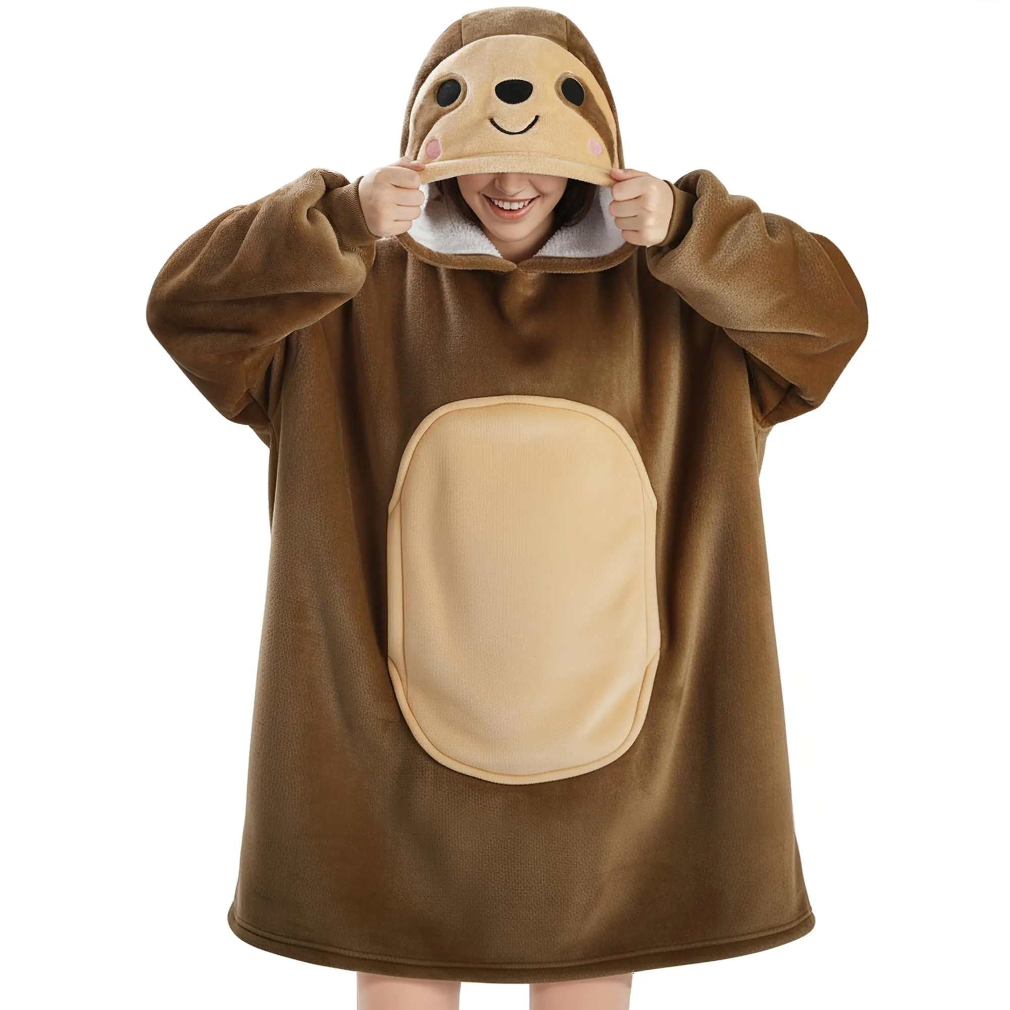 Queenshin Felpa Coperta Indossabile con Cappuccio Unisex Bradipo Marrone, Oversize in Pile Sherpa - immagine 1