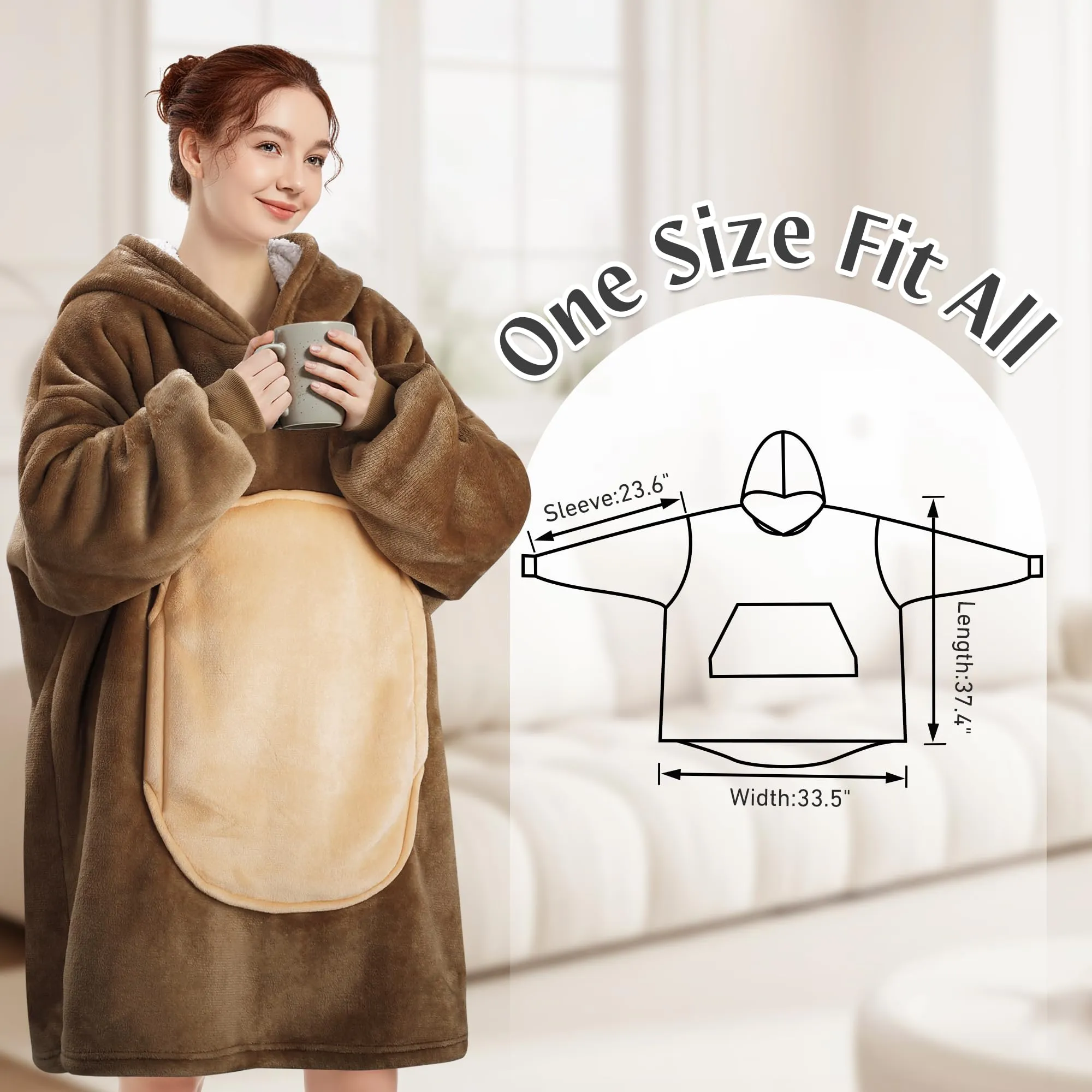 Queenshin Felpa Coperta Indossabile con Cappuccio Unisex Bradipo Marrone, Oversize in Pile Sherpa - immagine 3