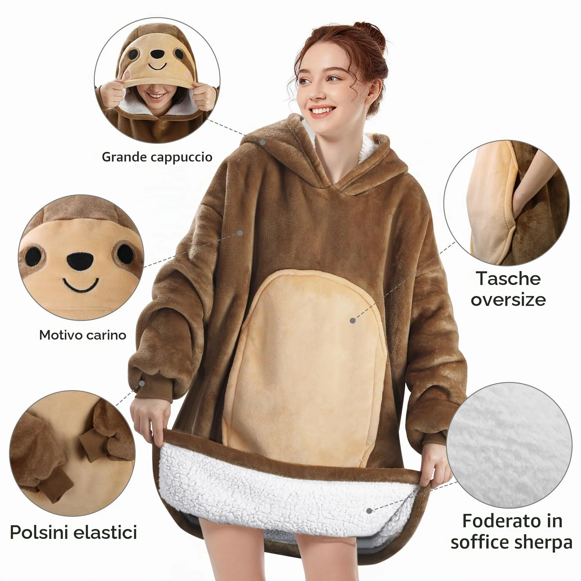 Queenshin Felpa Coperta Indossabile con Cappuccio Unisex Bradipo Marrone, Oversize in Pile Sherpa - immagine 4