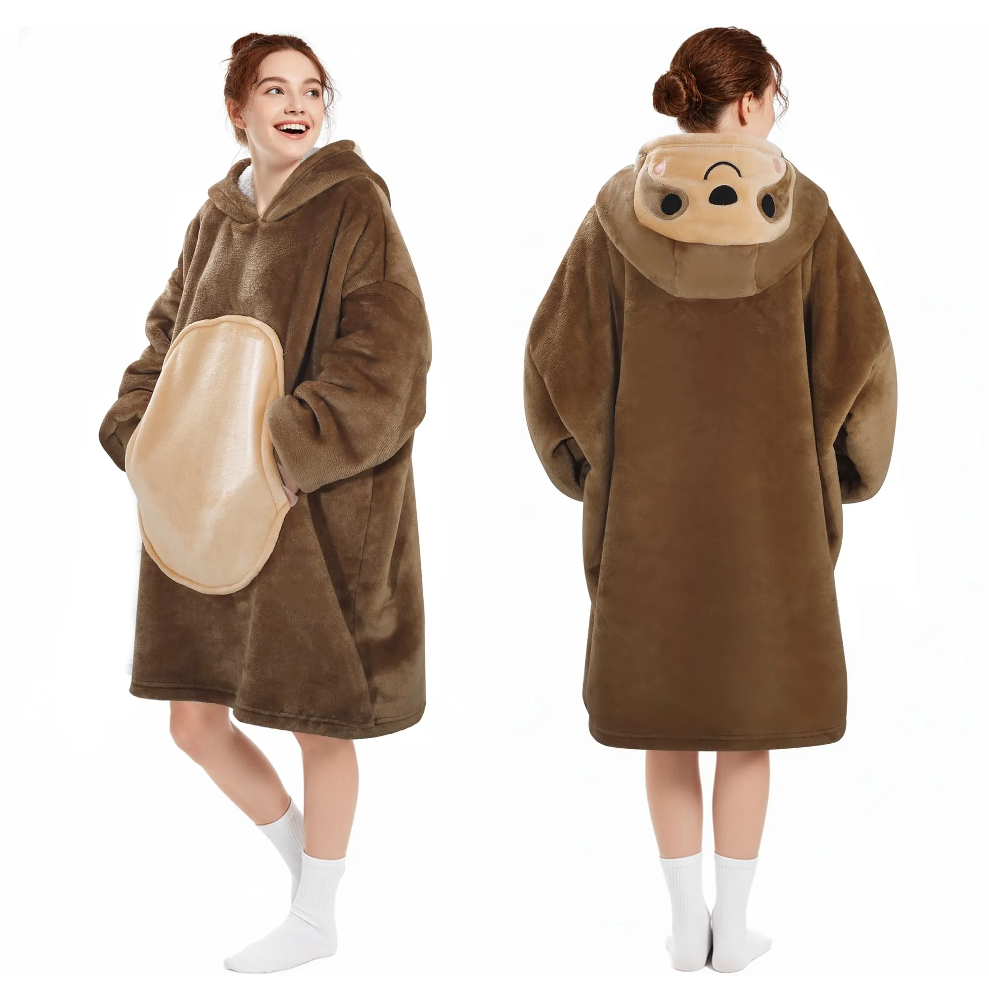 Queenshin Felpa Coperta Indossabile con Cappuccio Unisex Bradipo Marrone, Oversize in Pile Sherpa - immagine 5