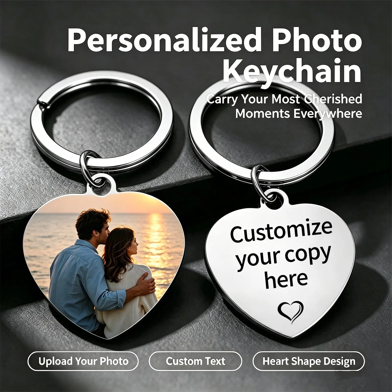 Umitive Portachiavi Foto Personalizzato con Testo Inciso, Acciaio Inossidabile, Stile-5 - immagine 3