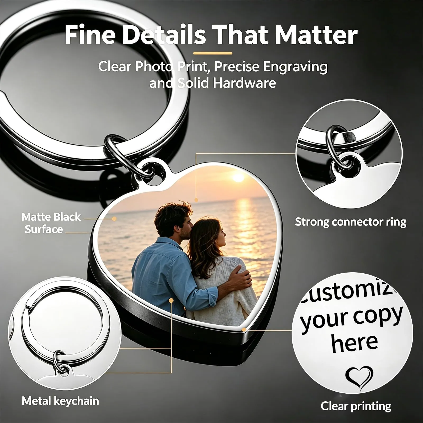 Umitive Portachiavi Foto Personalizzato con Testo Inciso, Acciaio Inossidabile, Stile-5 - immagine 4