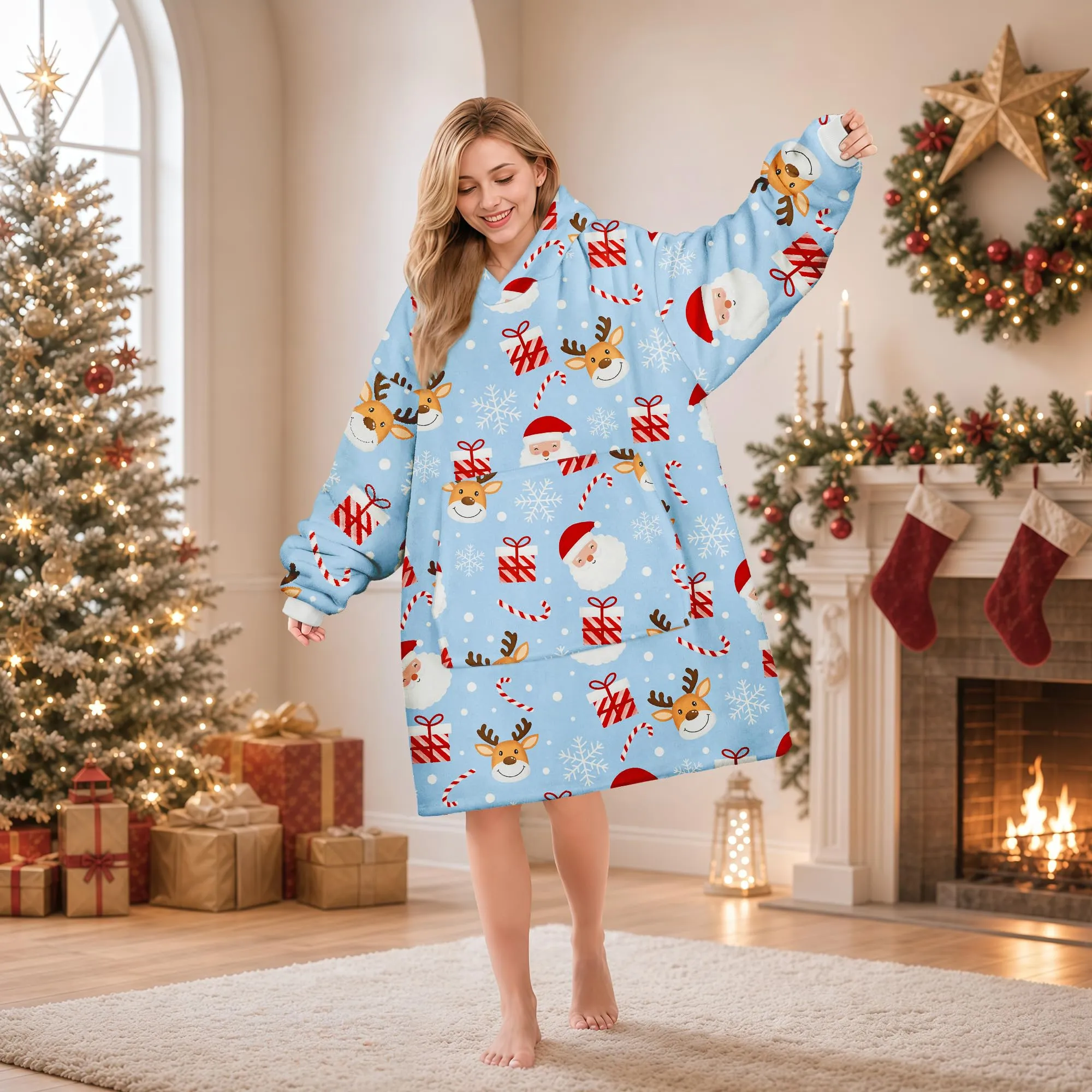 Queenshin Felpa Coperta con Cappuccio Oversize Babbo Natale Unisex - immagine 2