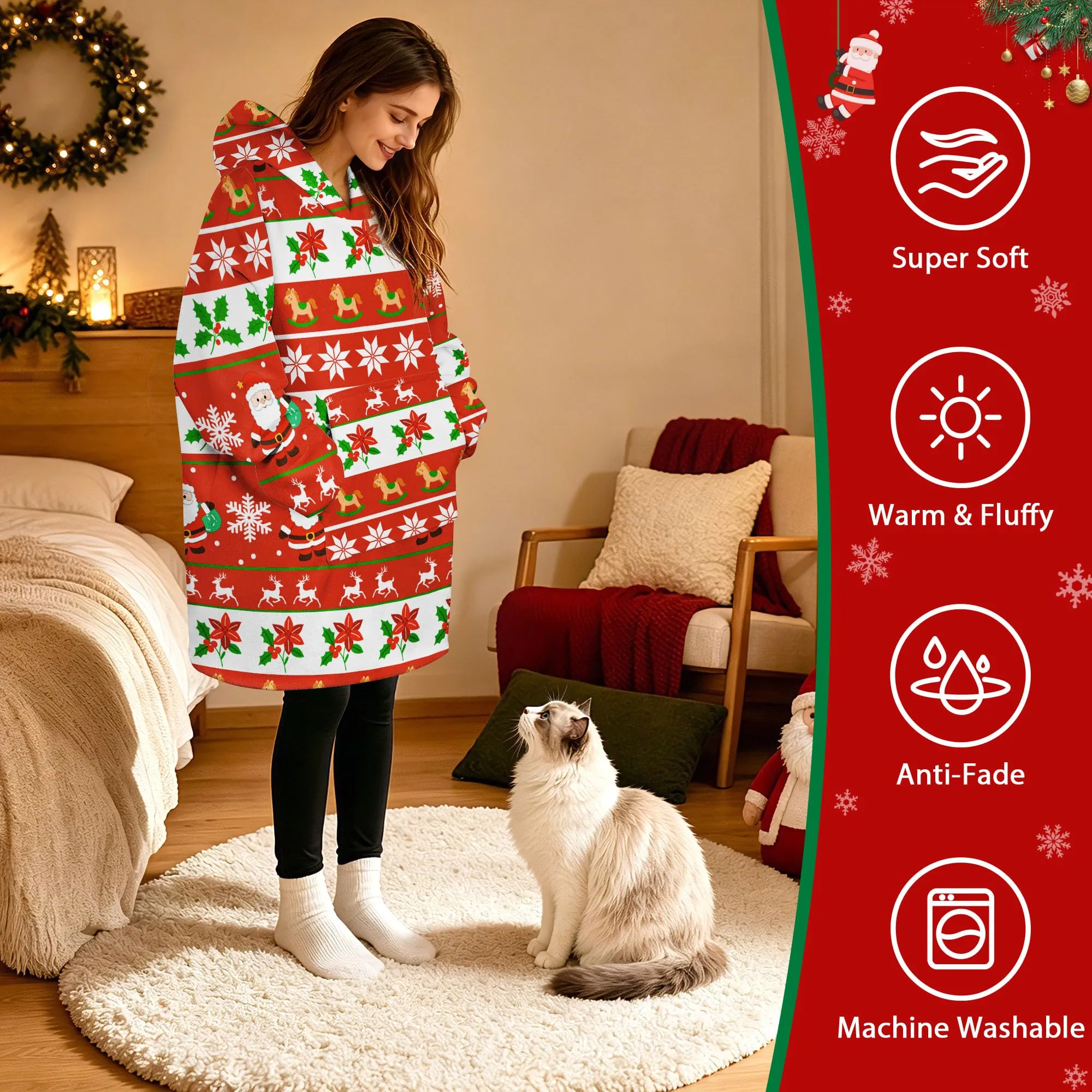 Queenshin Felpa Coperta con Cappuccio Oversize Babbo Natale, Unisex, Taglia Unica - immagine 2