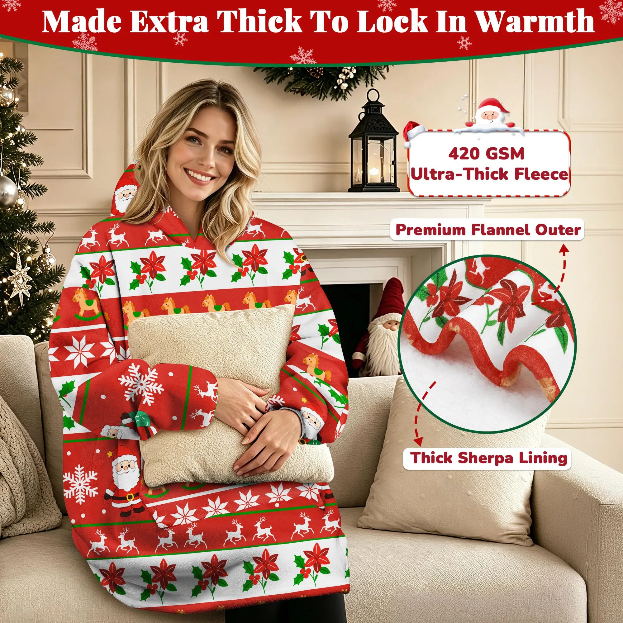Queenshin Felpa Coperta con Cappuccio Oversize Babbo Natale, Unisex, Taglia Unica - immagine 3