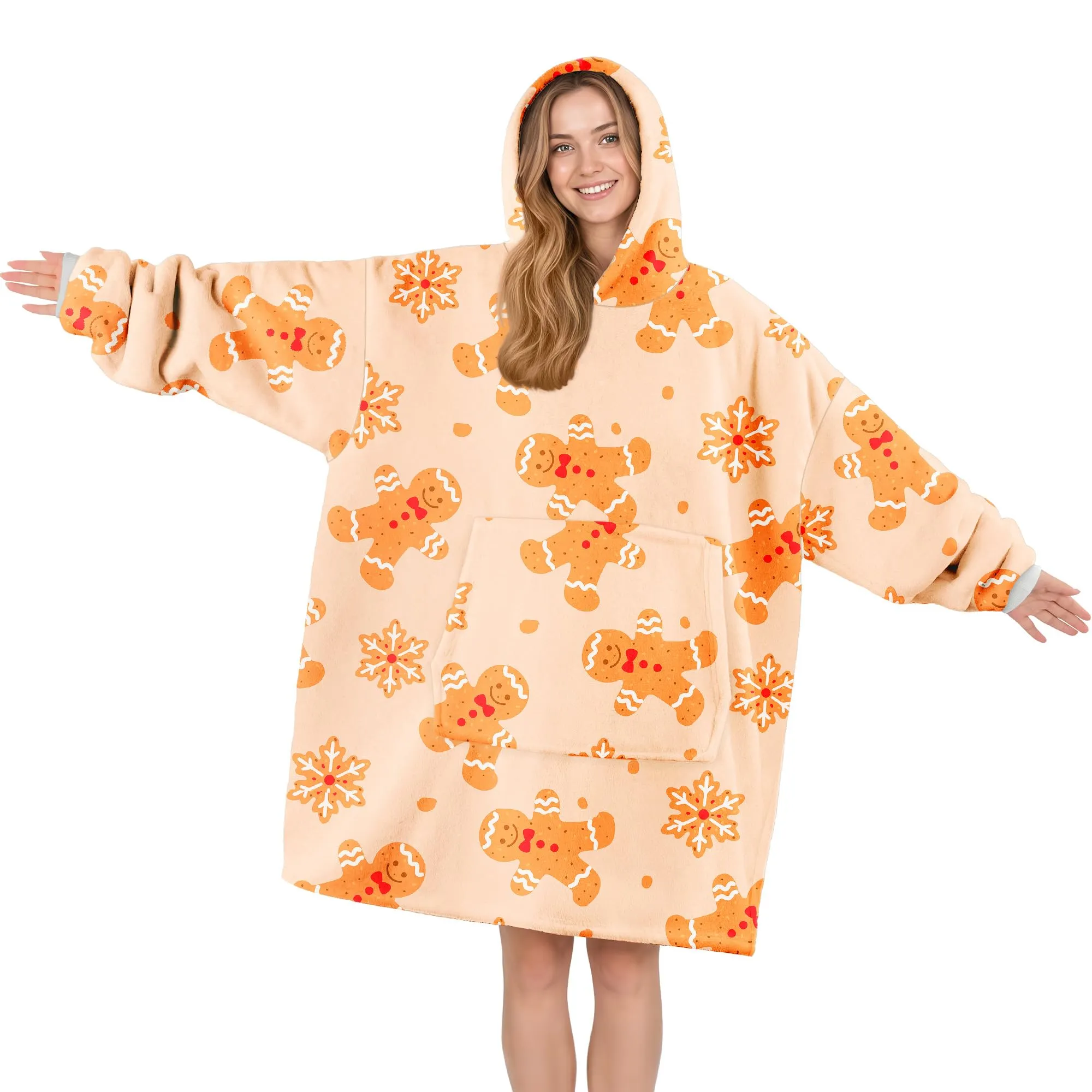 Queenshin Felpa Coperta con Cappuccio Oversize Omino di Pan di Zenzero di Natale Beige - immagine 1