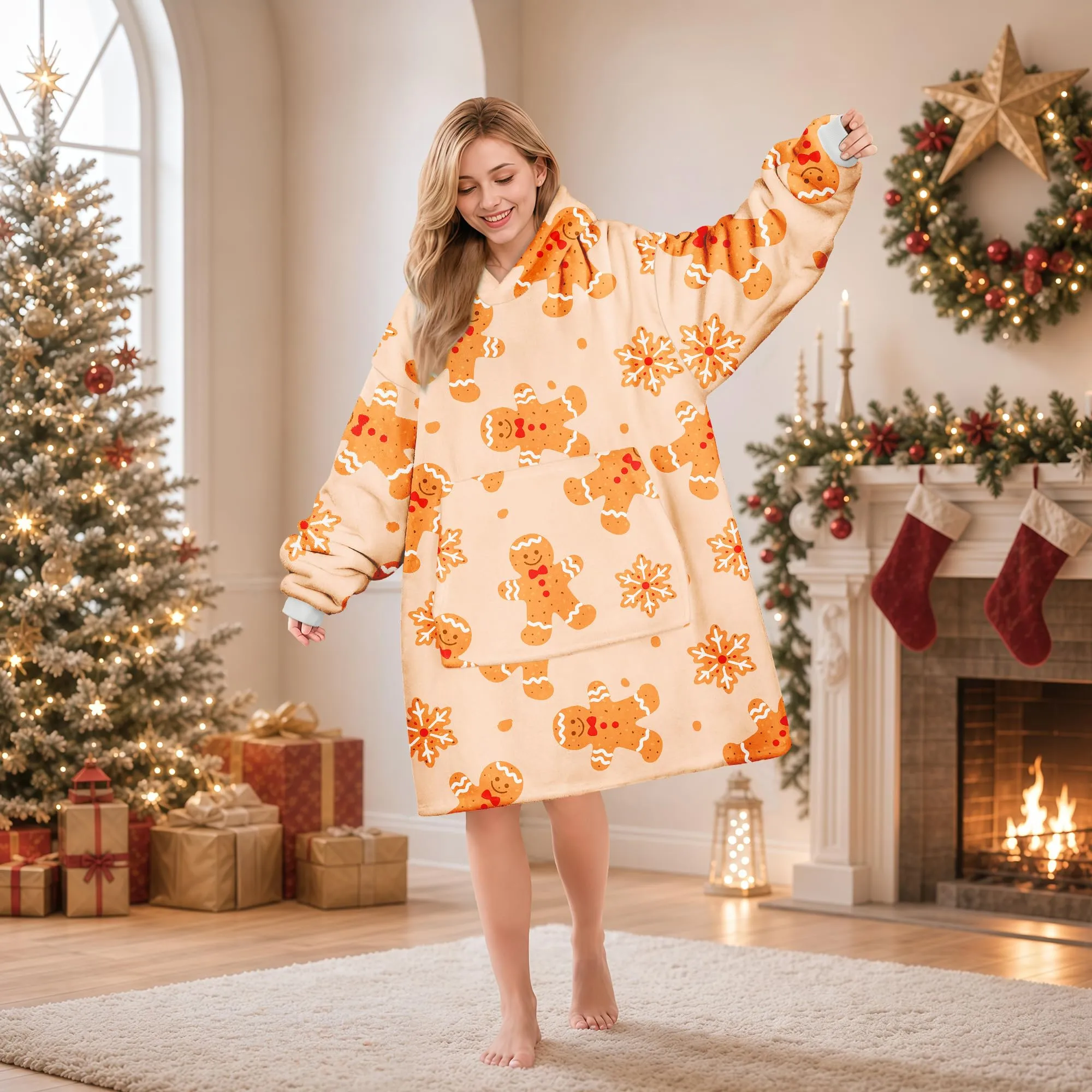 Queenshin Felpa Coperta con Cappuccio Oversize Omino di Pan di Zenzero di Natale Beige - immagine 2