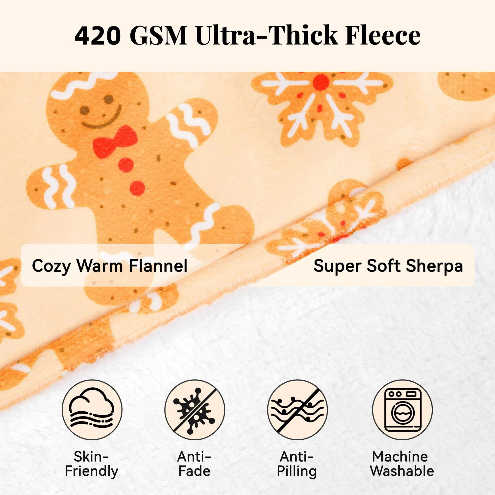 Queenshin Felpa Coperta con Cappuccio Oversize Omino di Pan di Zenzero di Natale Beige - immagine 3