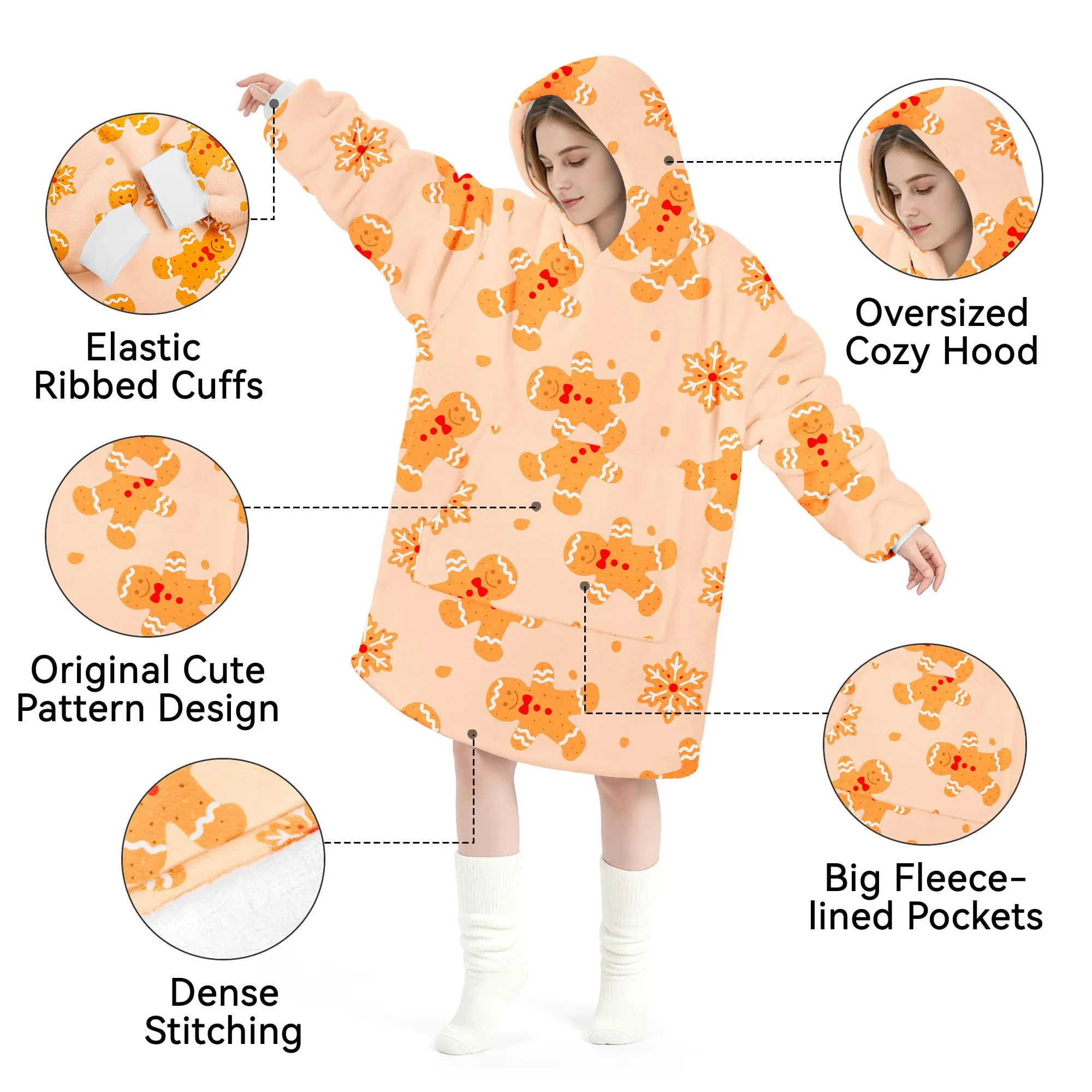 Queenshin Felpa Coperta con Cappuccio Oversize Omino di Pan di Zenzero di Natale Beige - immagine 5